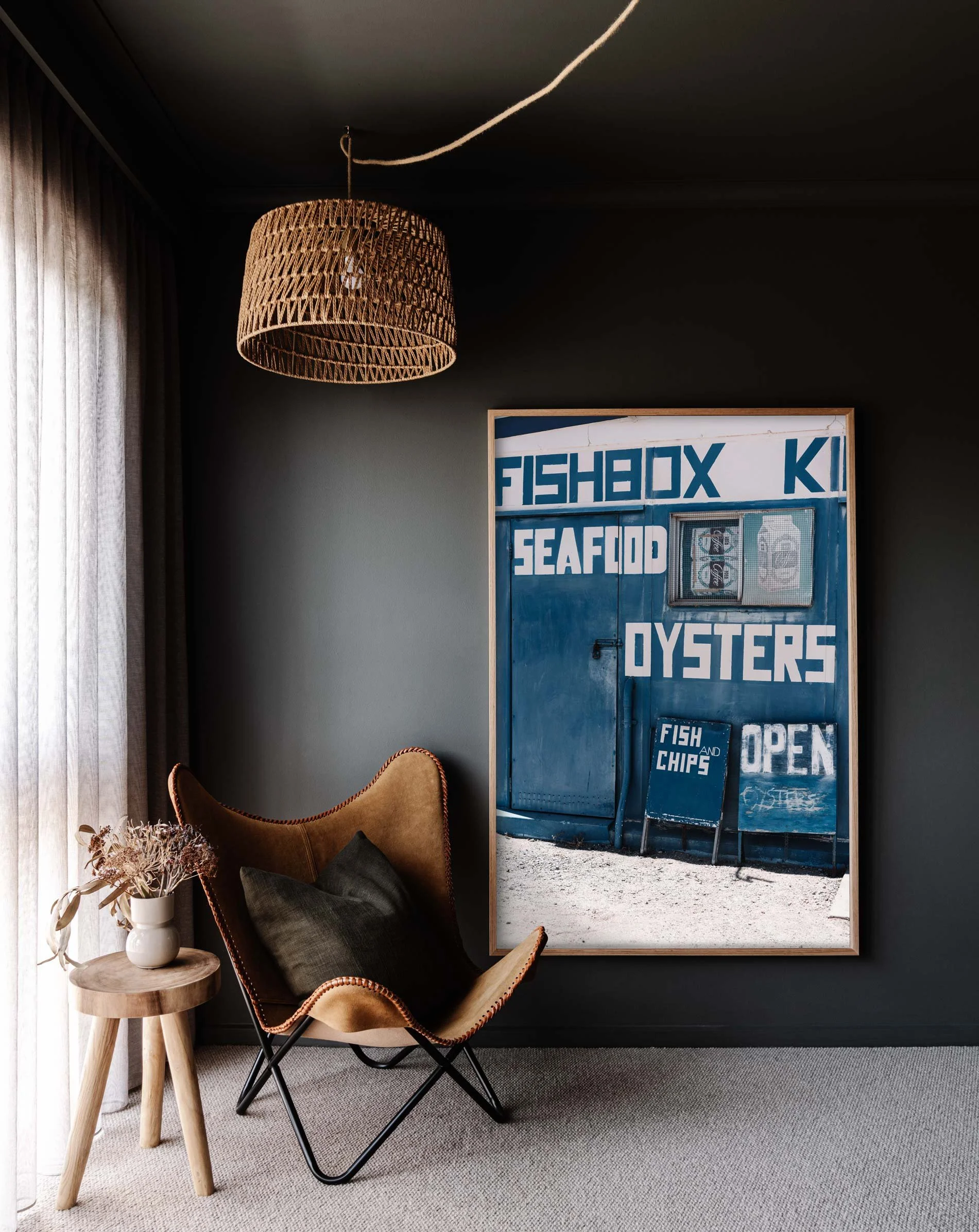 Framed wall print of a seafood kiosk by Marnie Hawson