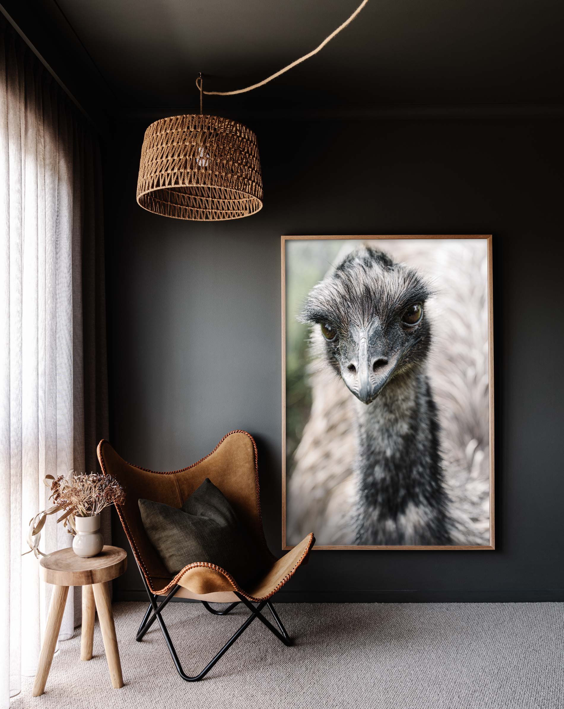 Framed wall print of Alma the Emu for Prints for Wildlife by Marnie Hawson