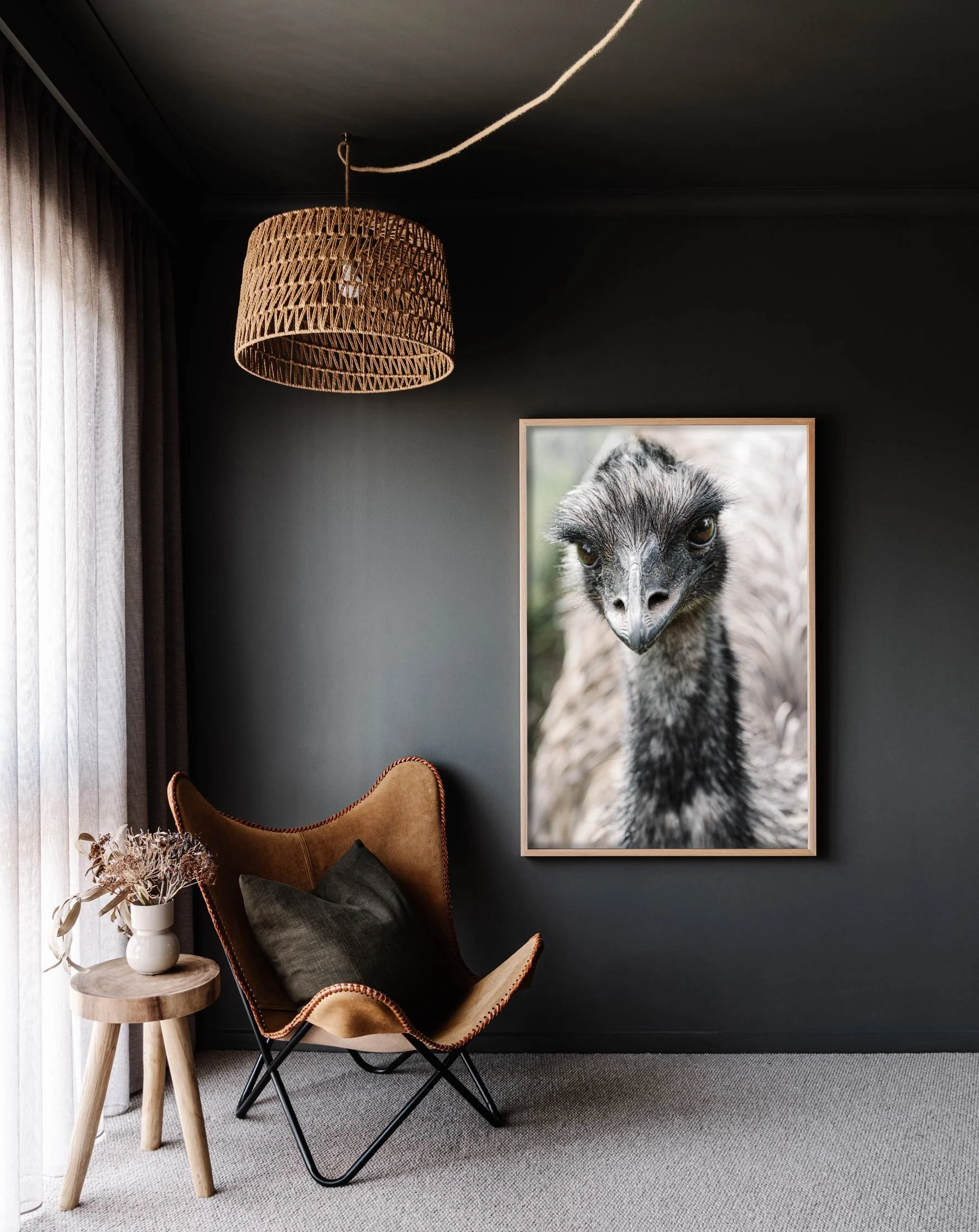 Framed wall print of Alma the Emu for Prints for Wildlife by Marnie Hawson