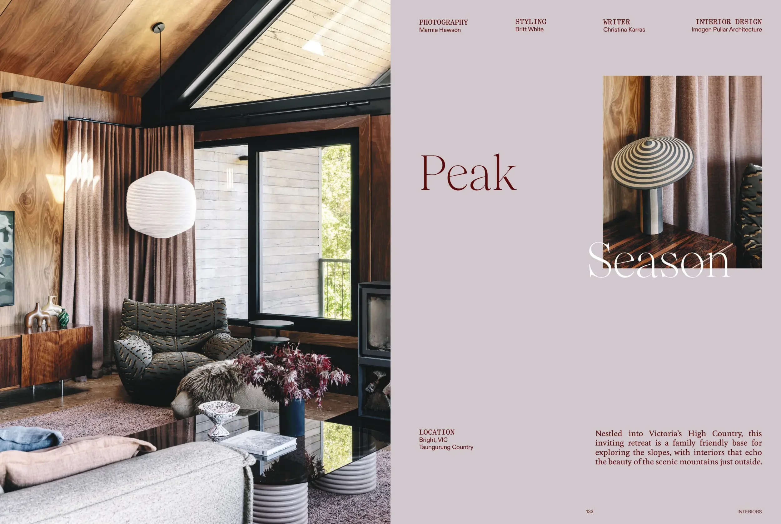 The Design Files spread on Alpine Glow showing a timber-lined living room