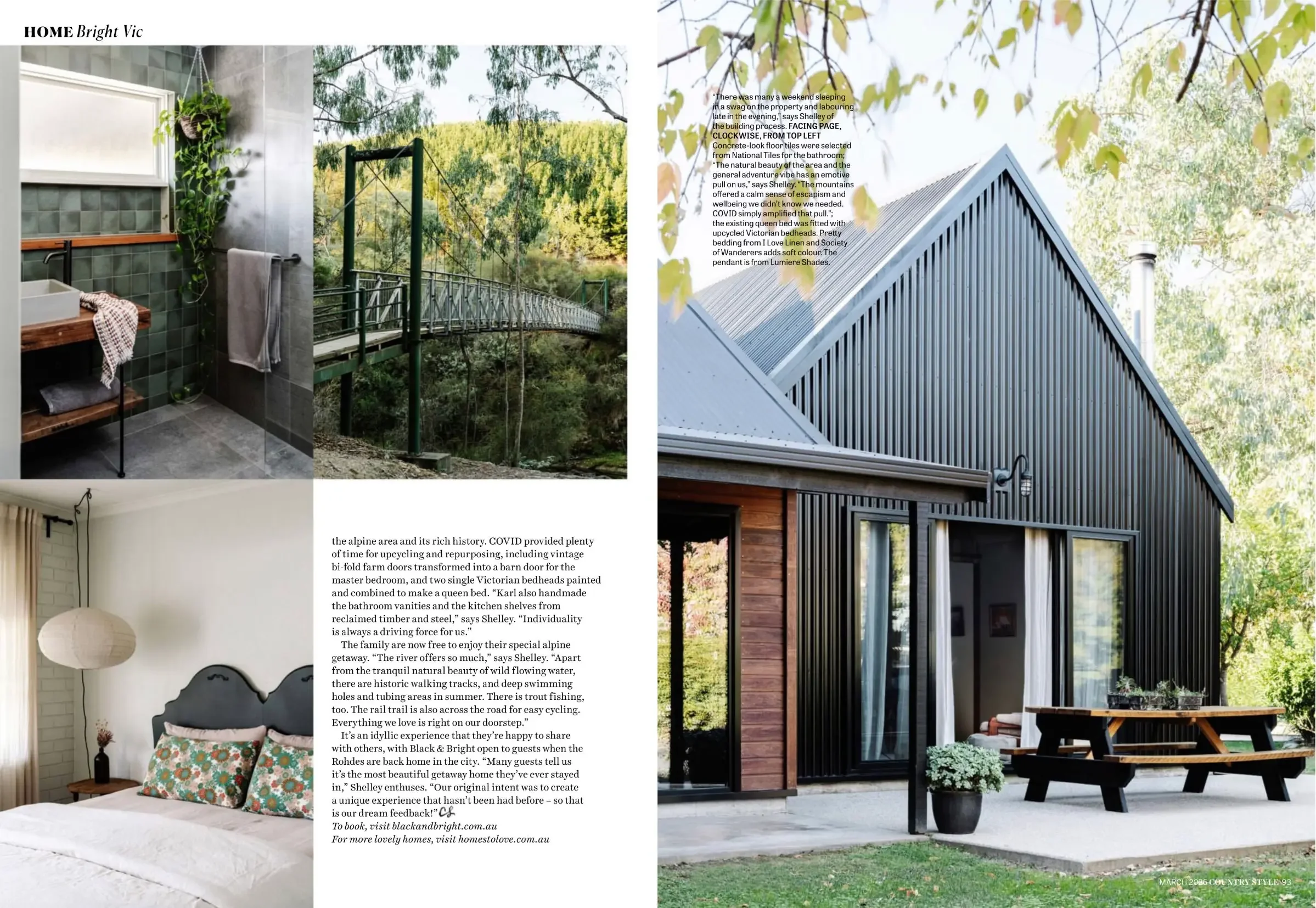 Country Style spread showing the black timber exterior of Black and Bright