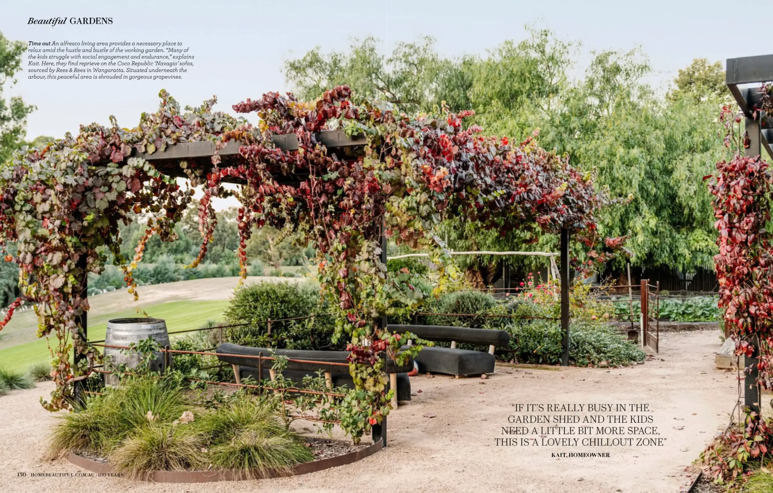 Home Beautiful spread showing a vine-covered pergola at Quondong