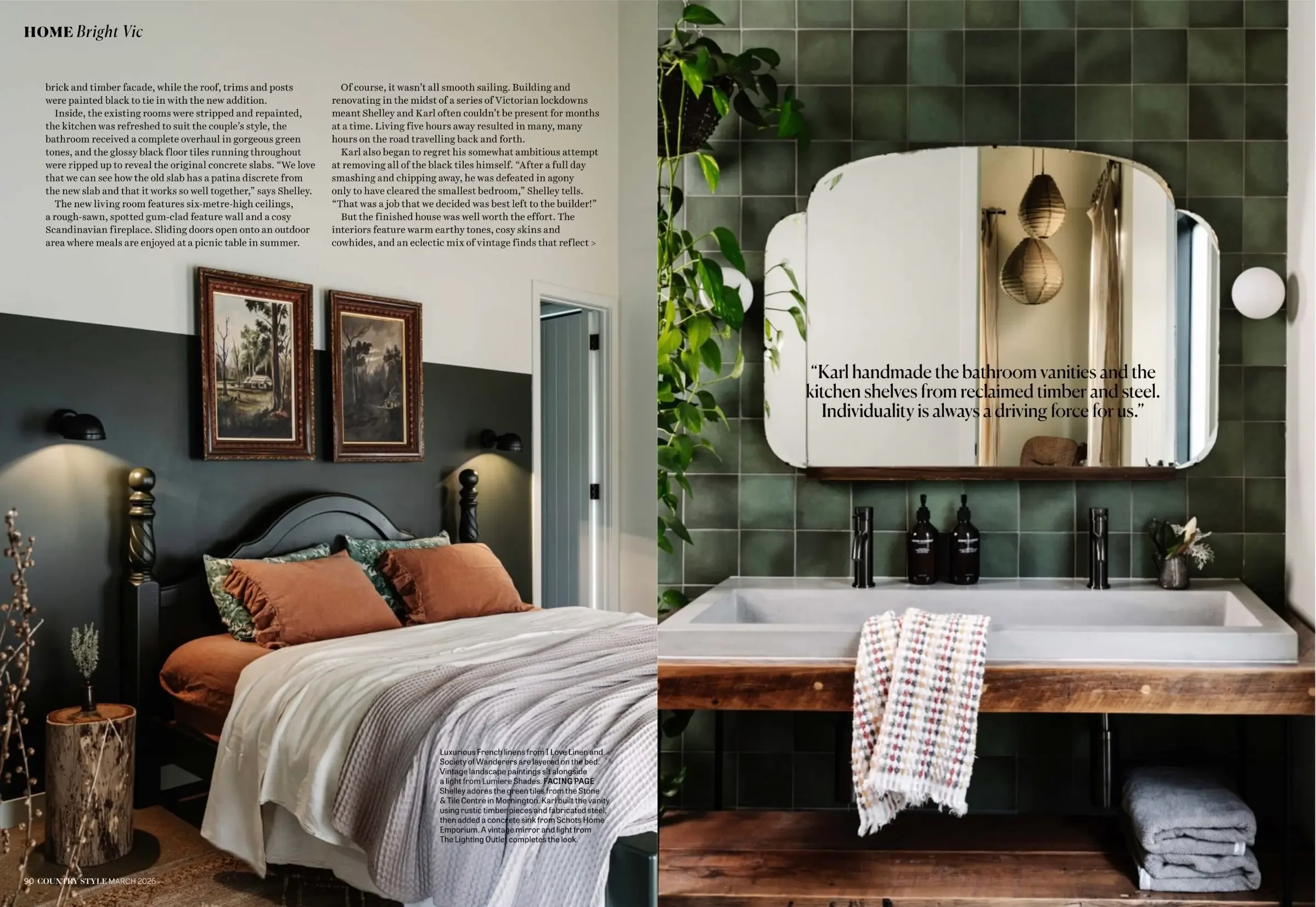 Country Style spread showing a Black and Bright bedroom and bathroom