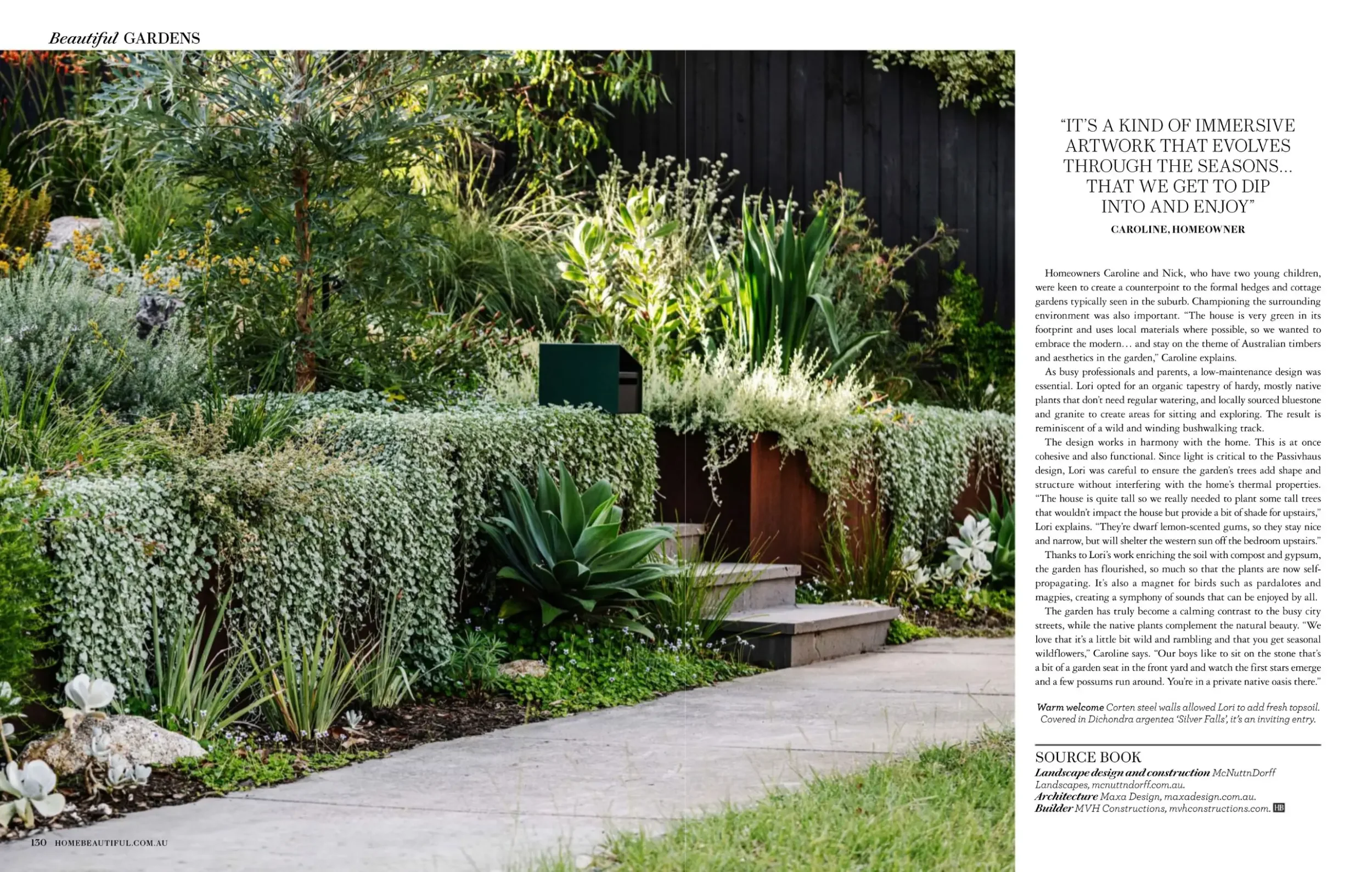 Home Beautiful spread showing the Surrey Hills Passivhaus front garden