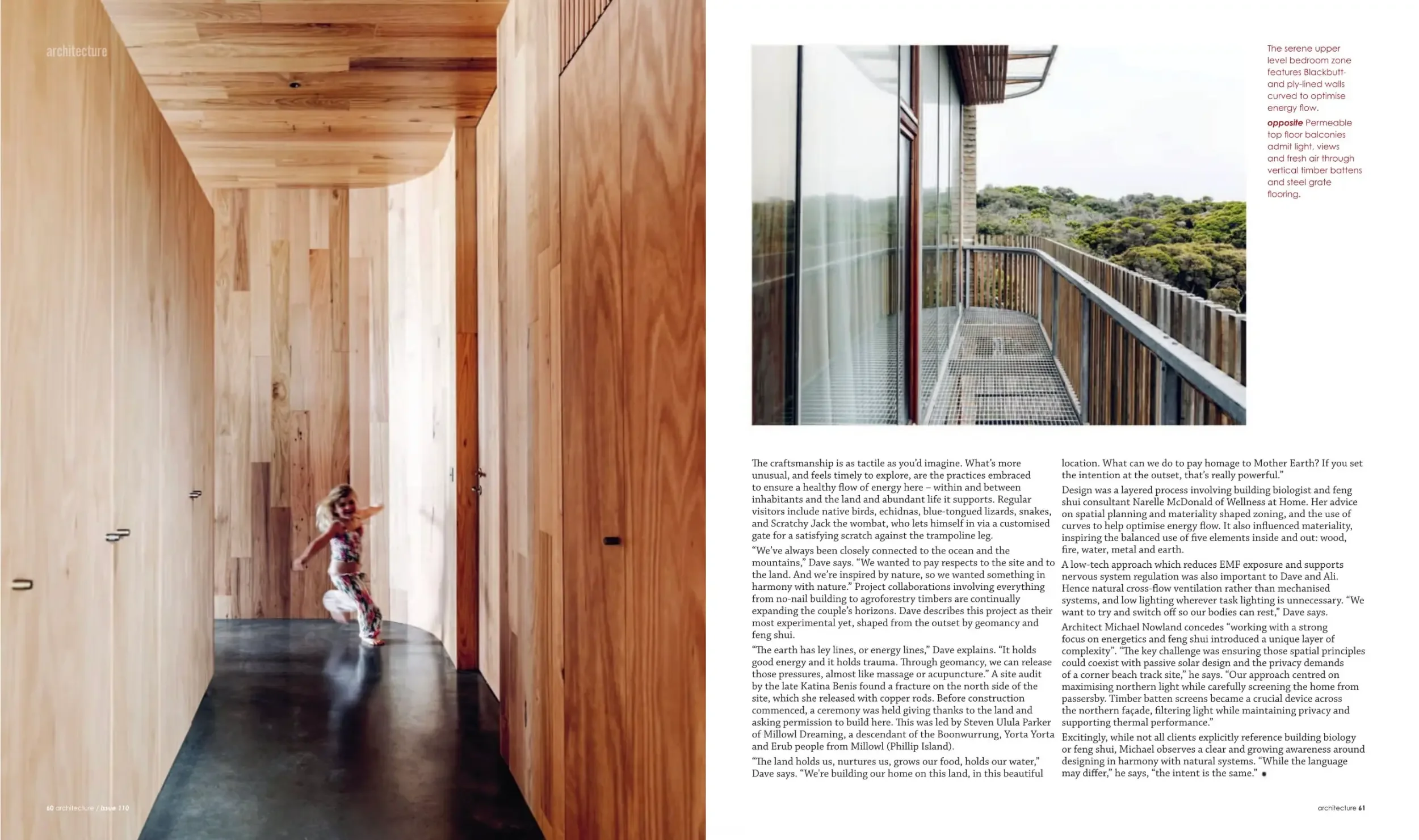 Green magazine spread showing the timber hallway and balcony at Solara