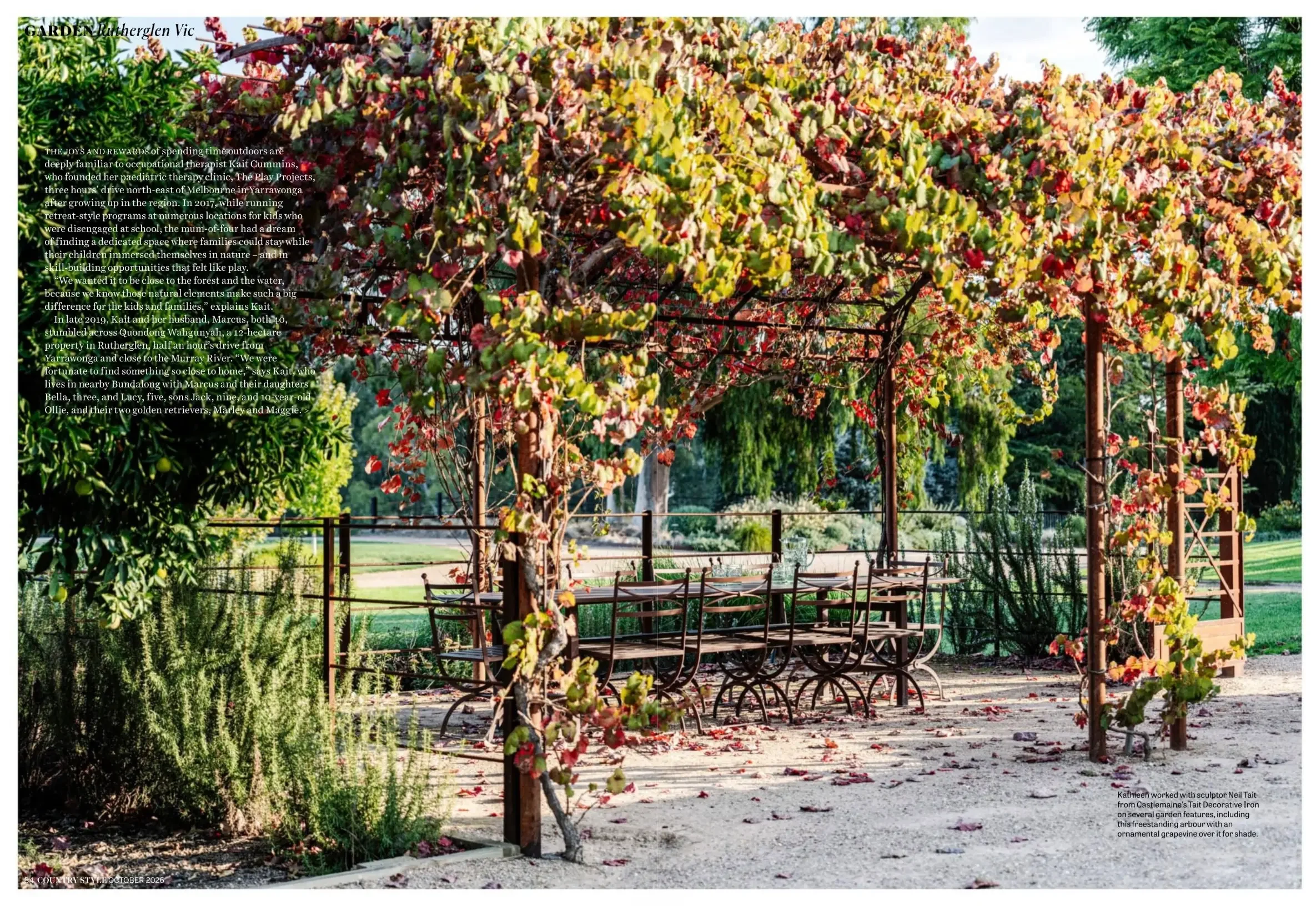Country Style spread showing a vine-covered pergola at Quondong