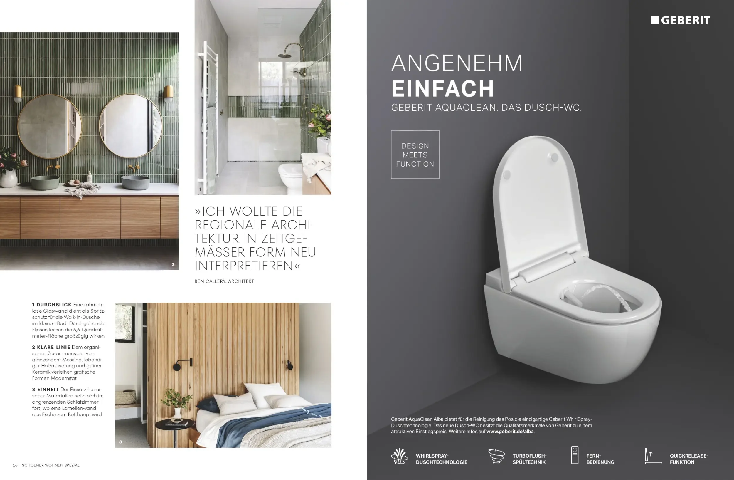 Schöner Wohnen spread showing Silvertop House bathrooms with round mirrors