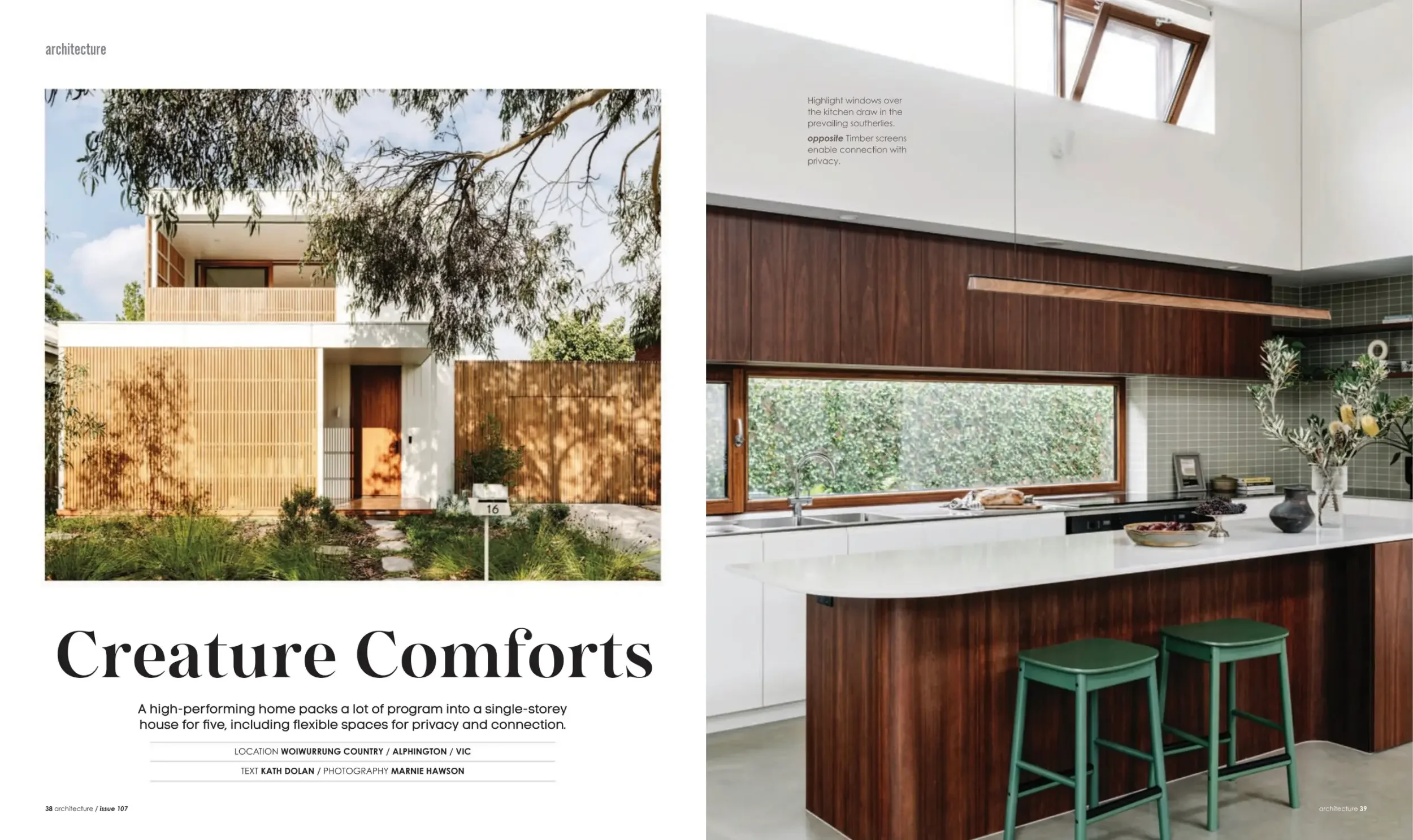 Green magazine spread titled Creature Comforts on Oculus by BCA
