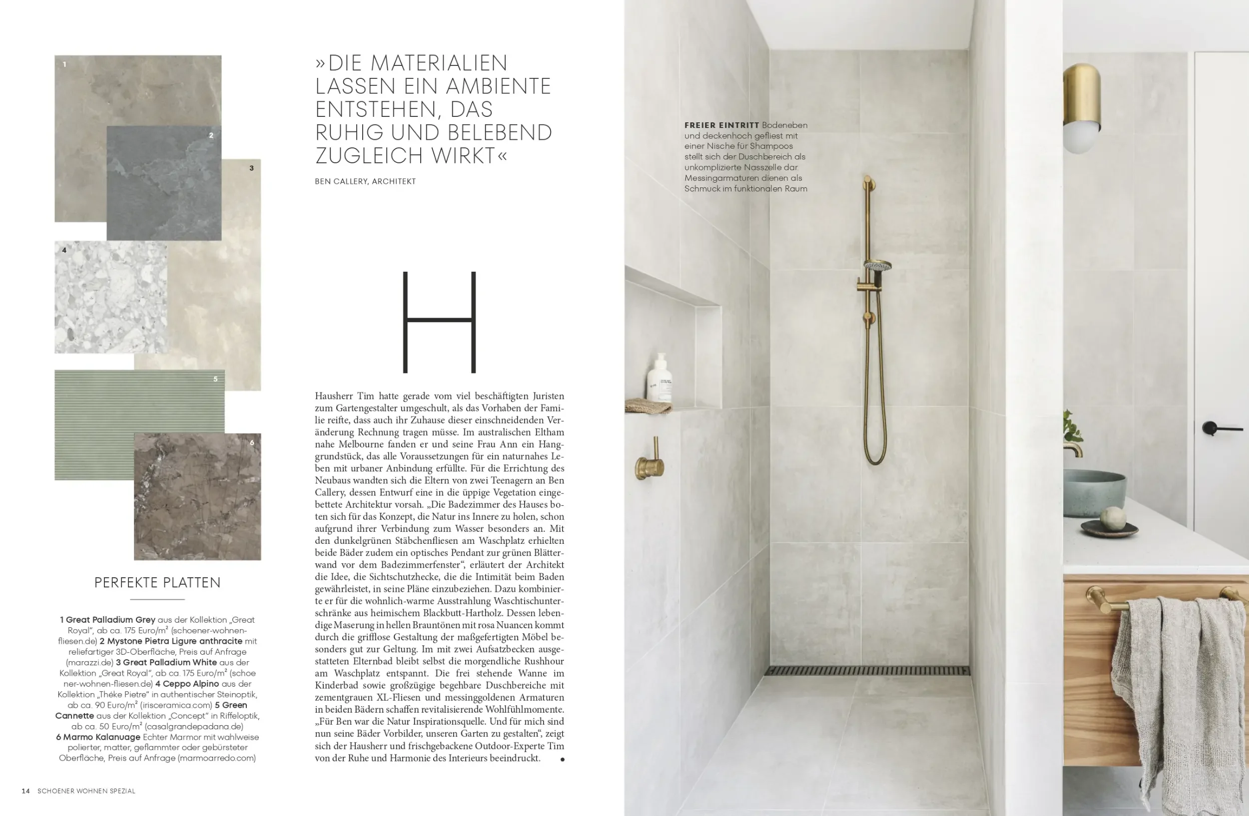 Schöner Wohnen spread showing Silvertop House materials and shower