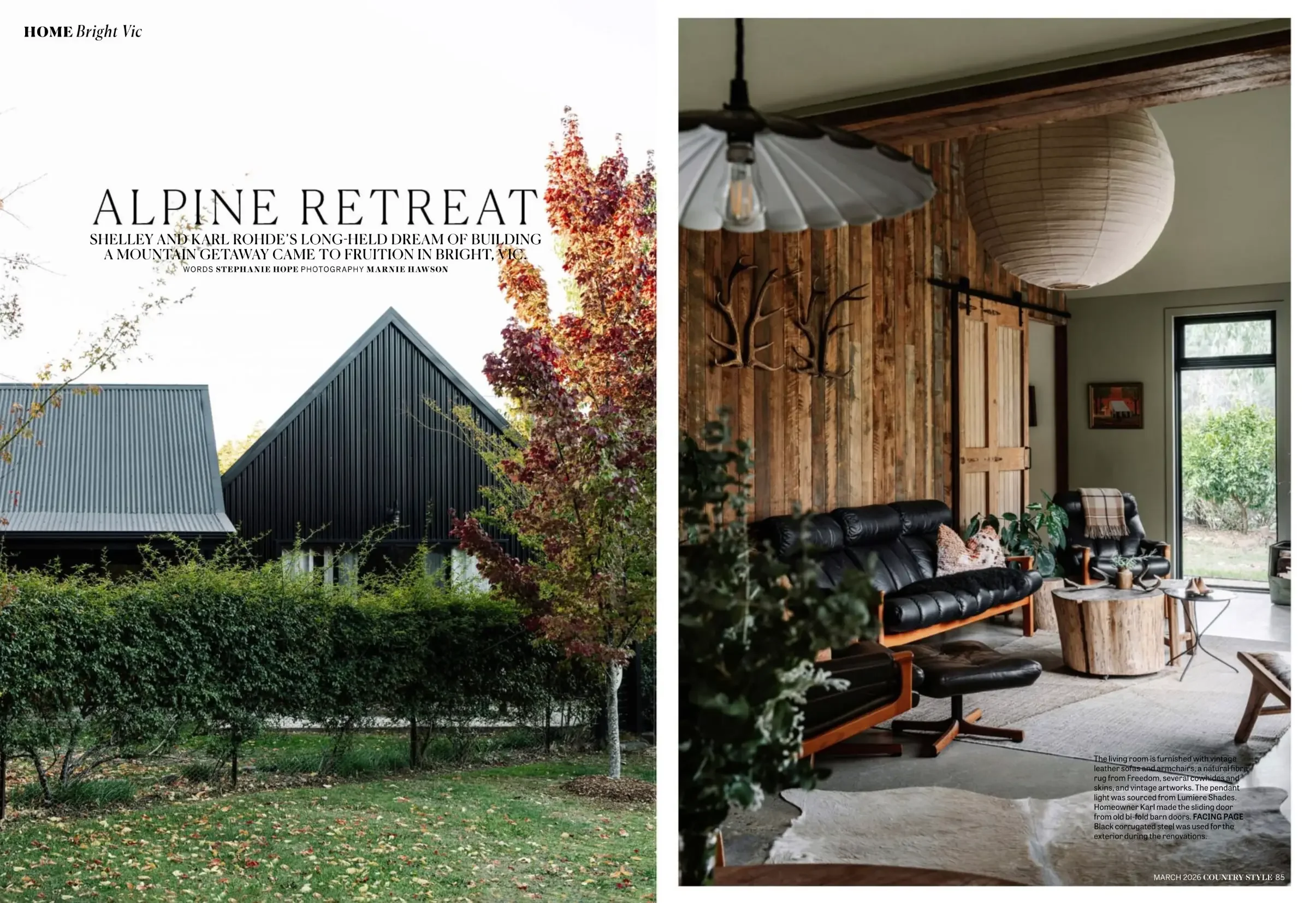 Country Style spread titled Alpine Retreat on Black and Bright