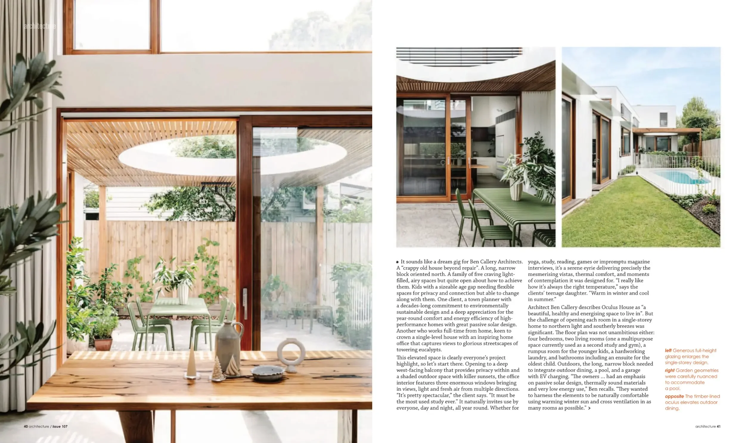 Green magazine spread showing Oculus interiors around a courtyard