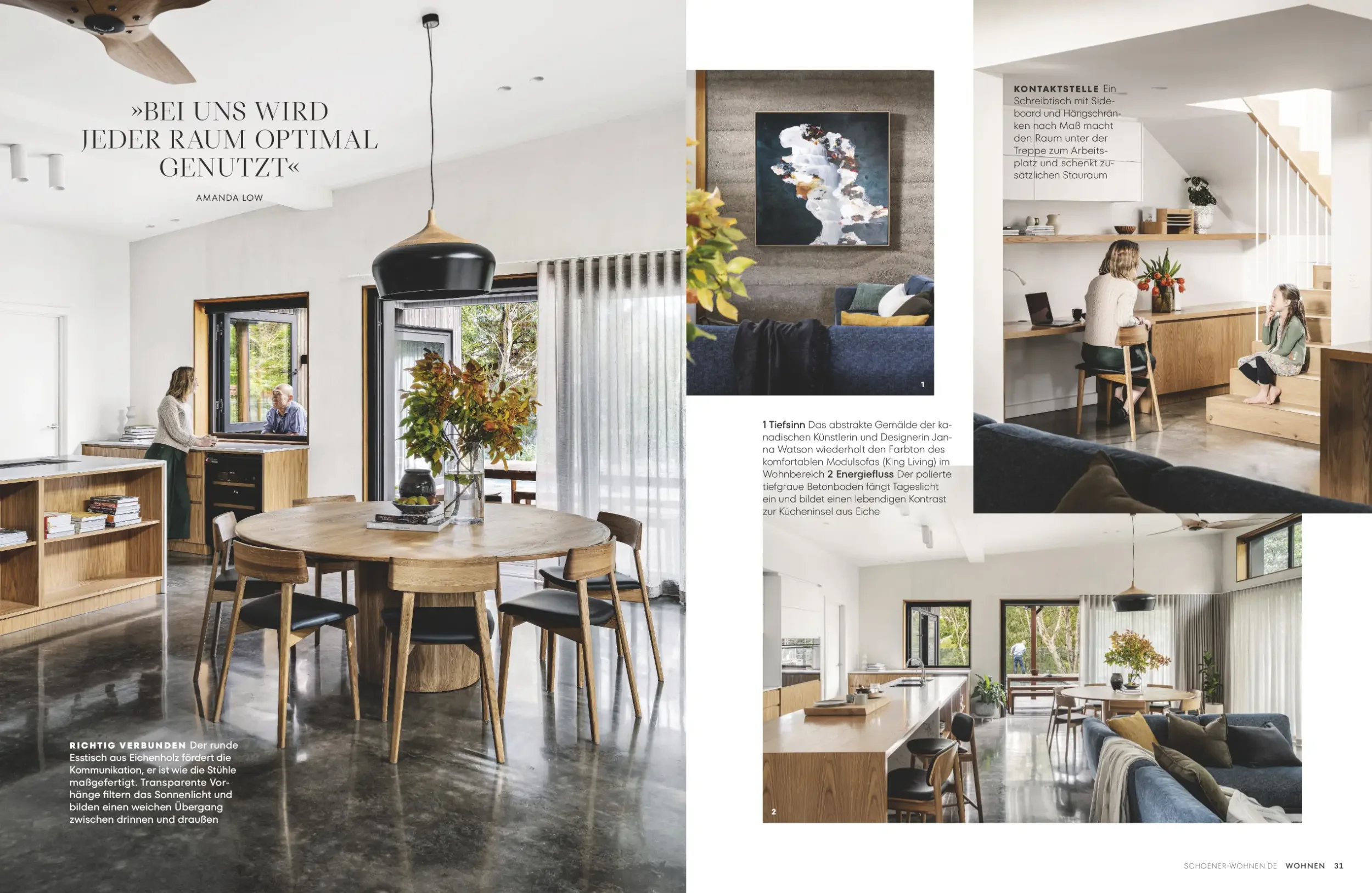 Schöner Wohnen spread showing Binowee Hemphaus living and dining spaces