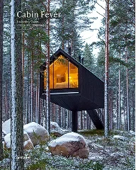 Cabin Fever book cover, black cabin in a snowy forest