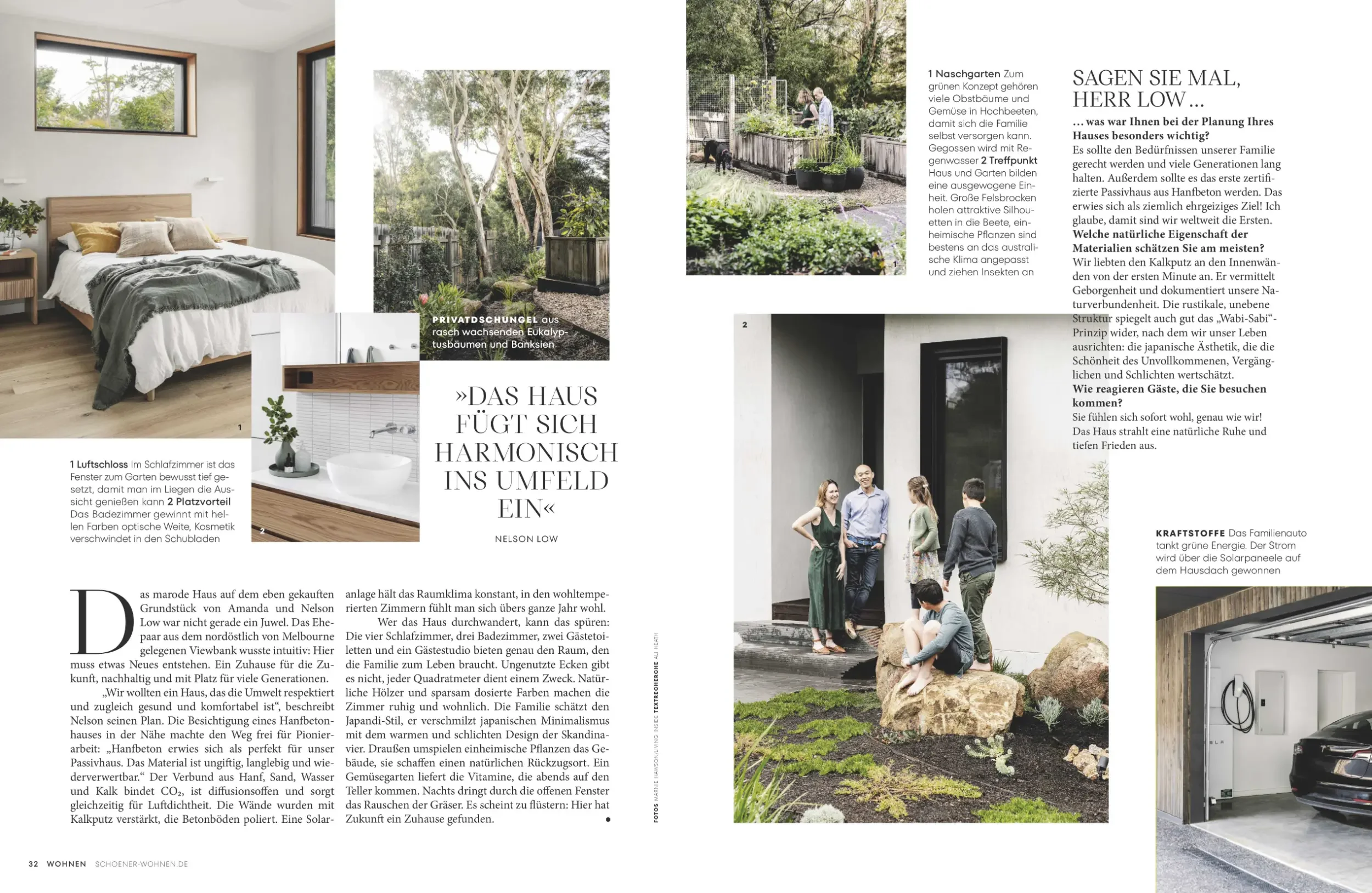 Schöner Wohnen spread with a Binowee Hemphaus bedroom and the owners