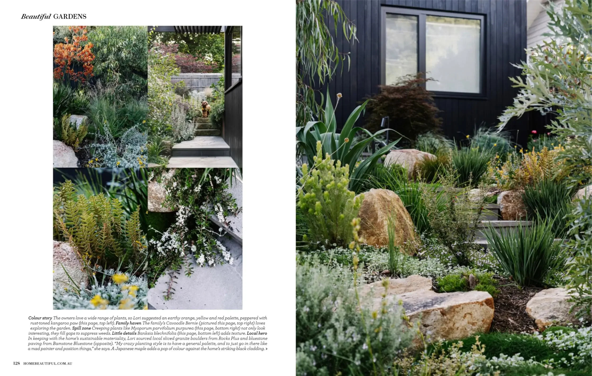Home Beautiful spread showing garden paths at the Surrey Hills Passivhaus