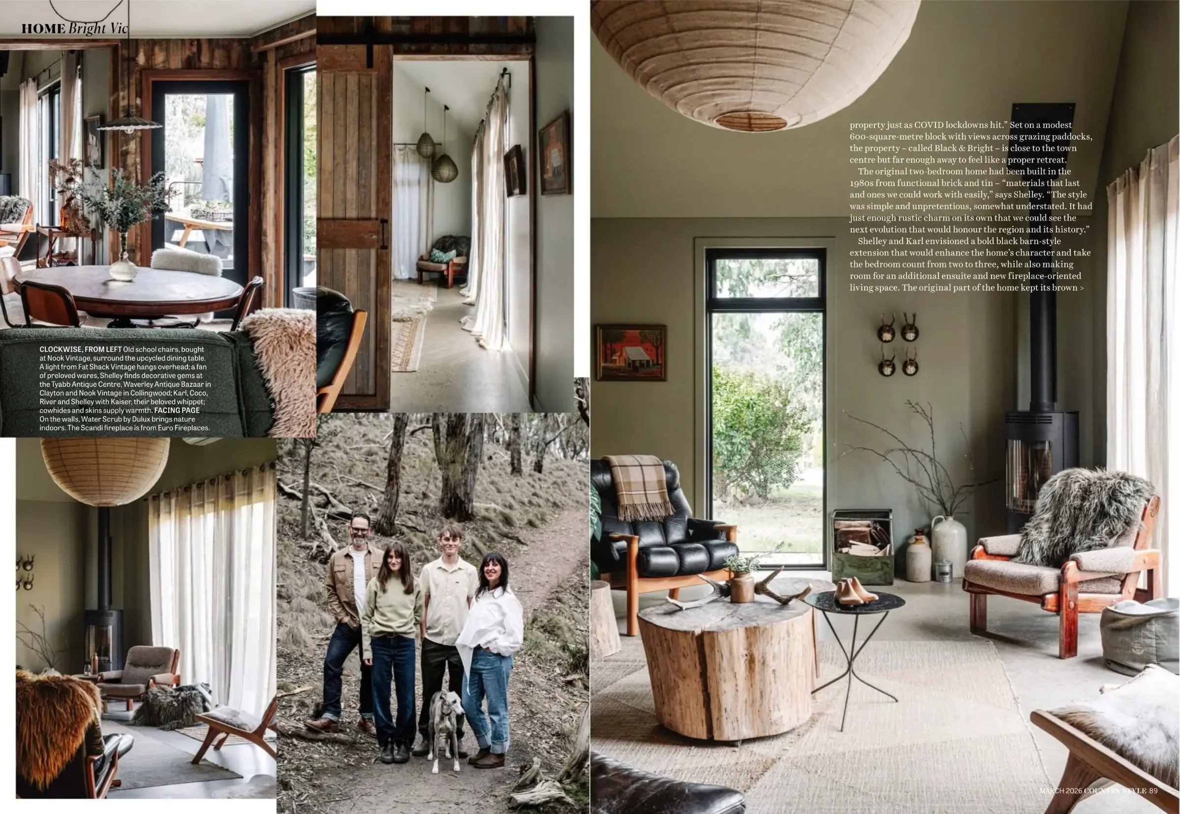 Country Style spread showing the Black and Bright living room and owners