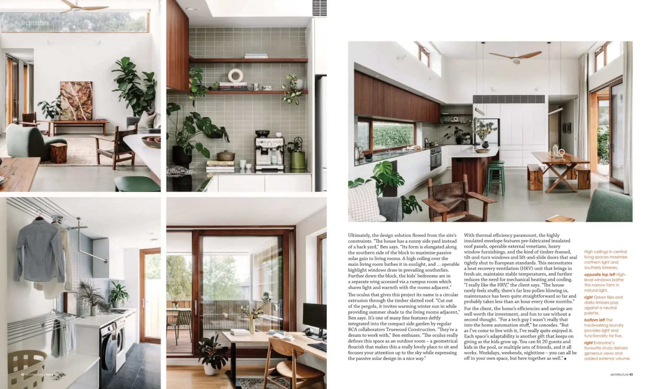 Green magazine spread with interior and garden photos of Oculus
