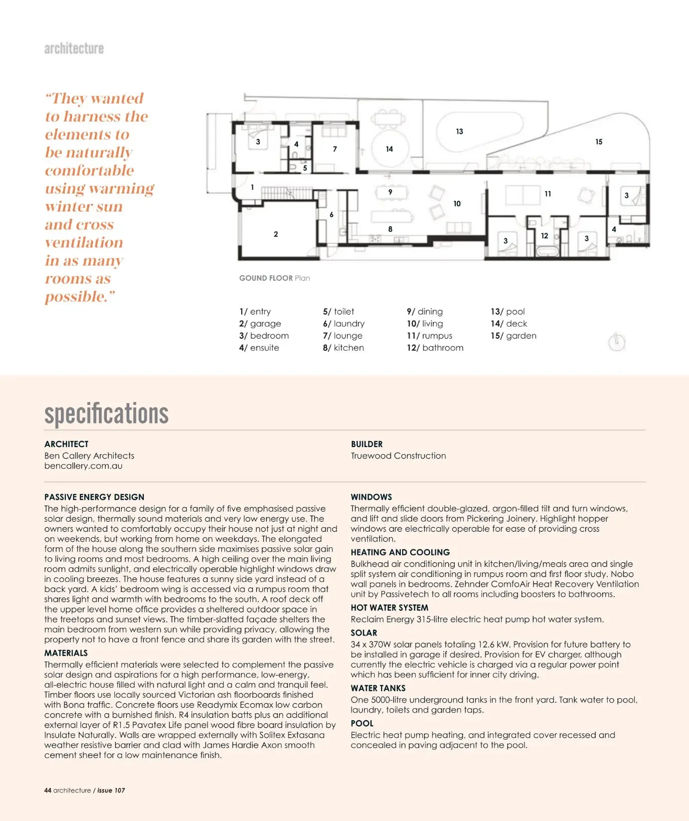 Green magazine page with the Oculus floor plan and specifications