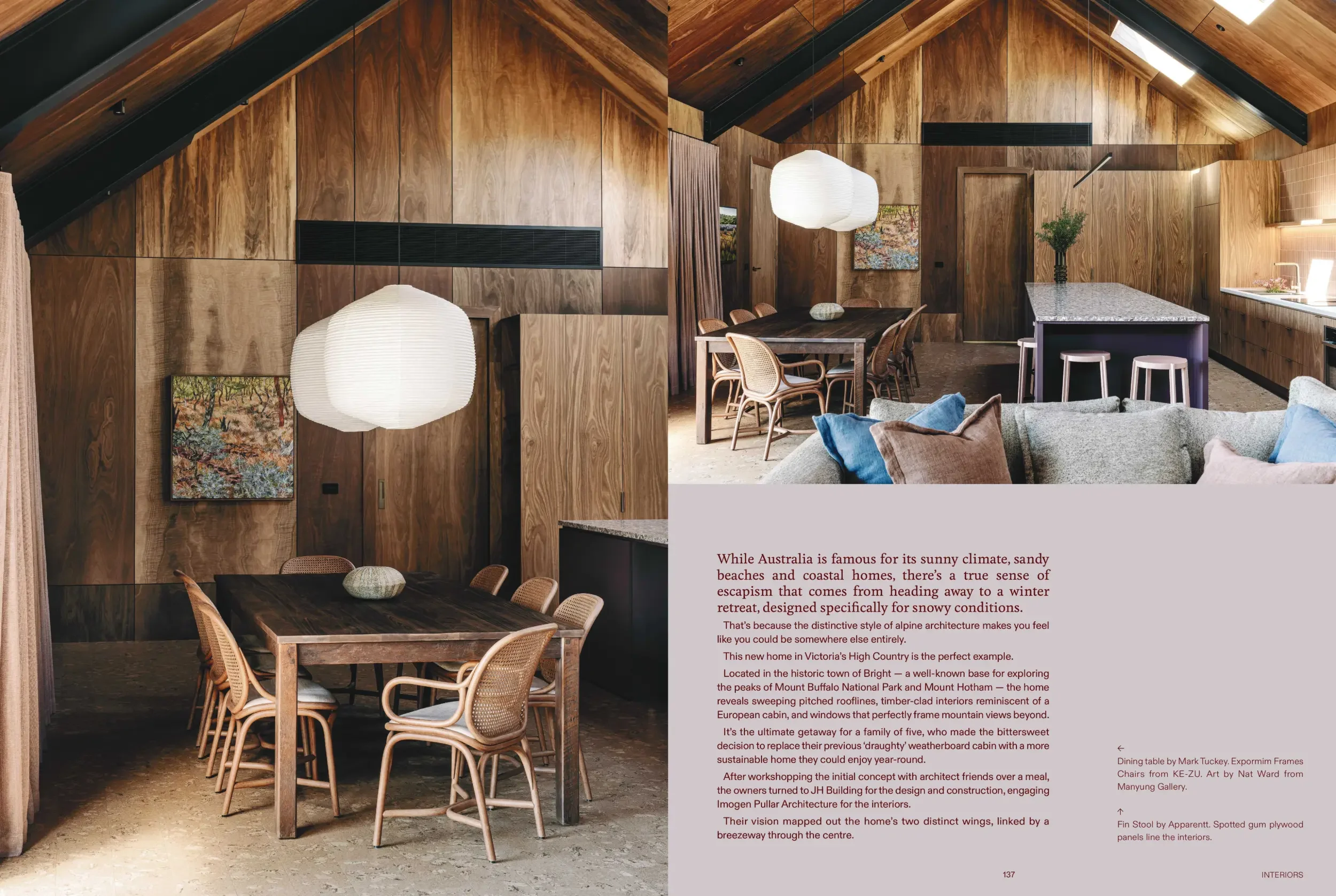 The Design Files spread showing the Alpine Glow dining room and kitchen
