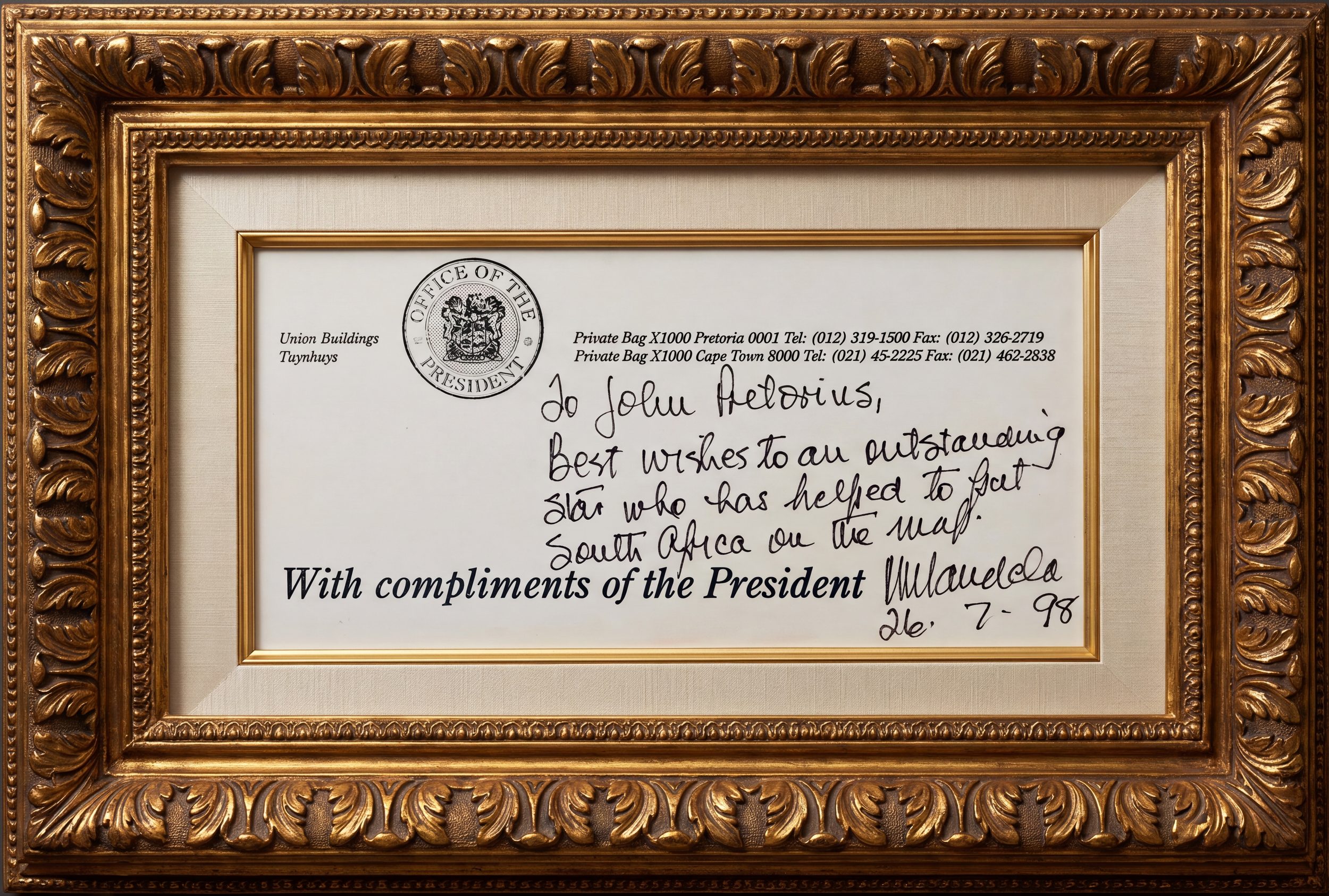 Thank you note from Mandela to John Pretorius