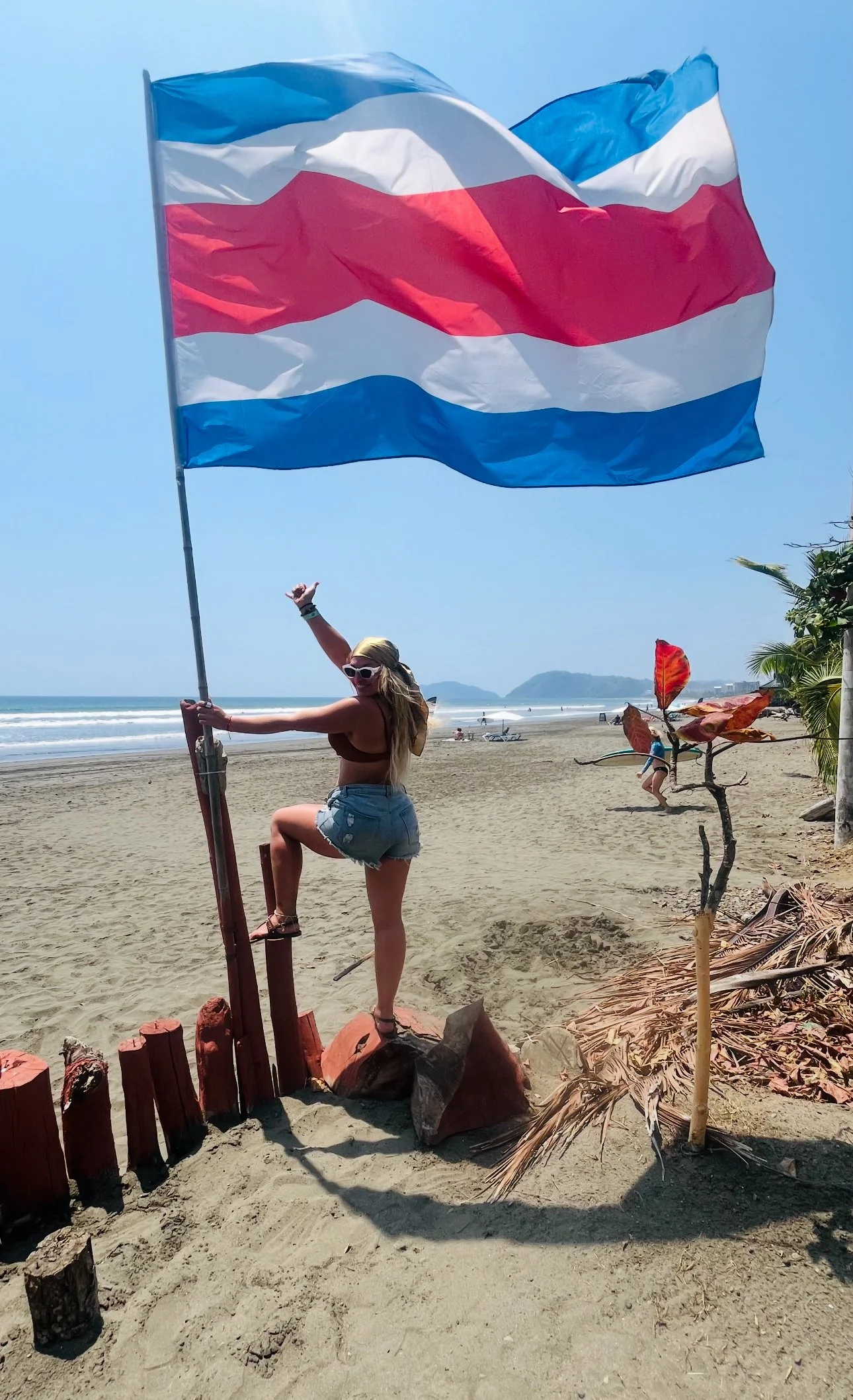 Woman in sunglasses, bikini top, and denim shorts holding a large red, white, and blue flag on a sandy beach with ocean waves and mountains in the background.