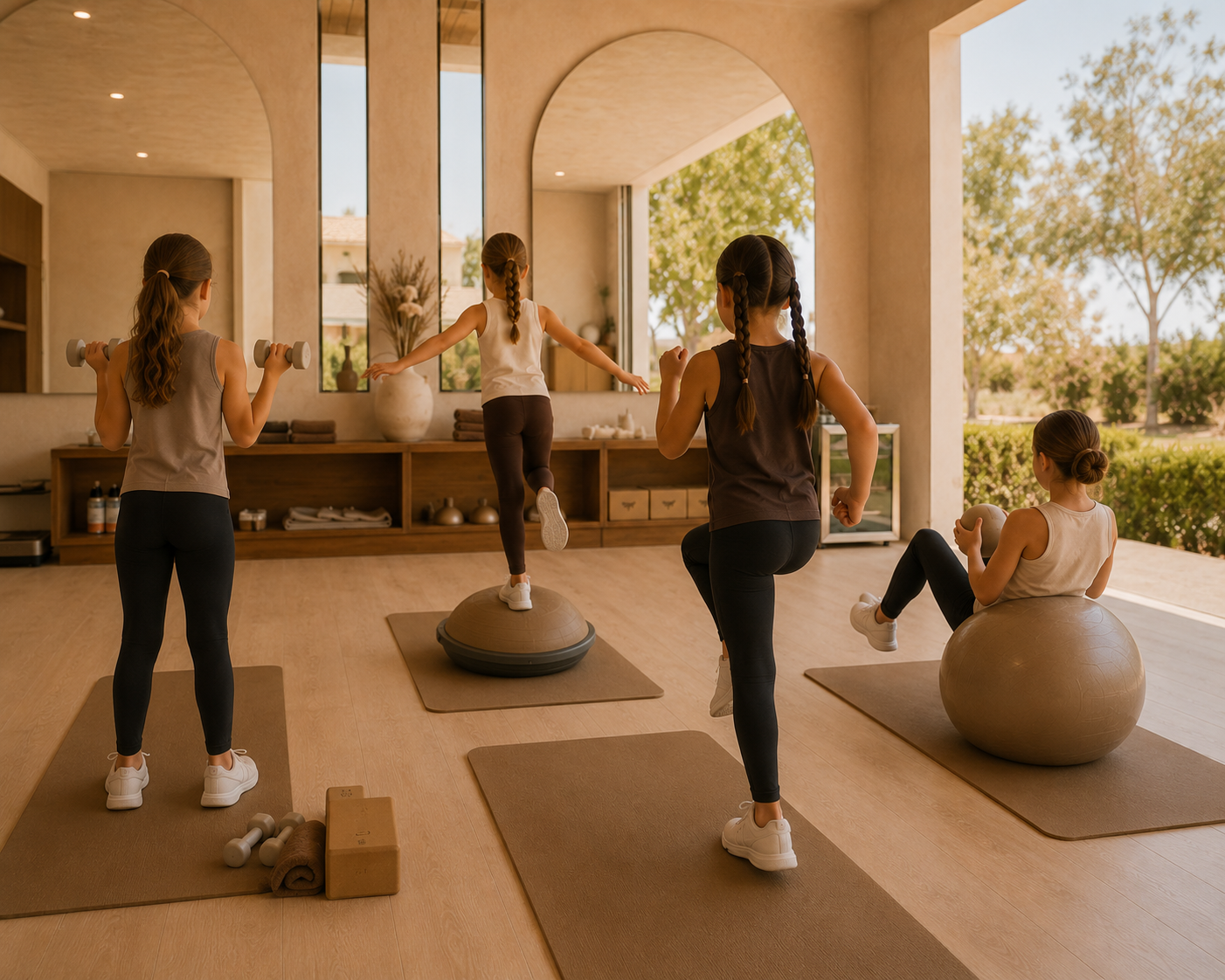 Four young girls participating in a fitness class indoors, with one girl balancing on a balance disc, others holding dumbbells, and one sitting on an exercise ball, surrounded by workout mats and equipment, inside a bright room with large windows showing outside trees.