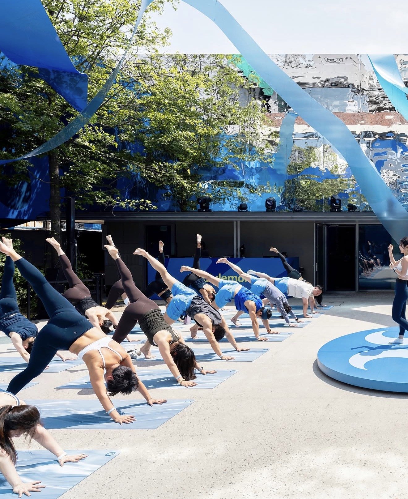 People practicing yoga outdoors on mats in a line, doing a downward dog pose, in a city setting with modern reflective buildings and green trees.