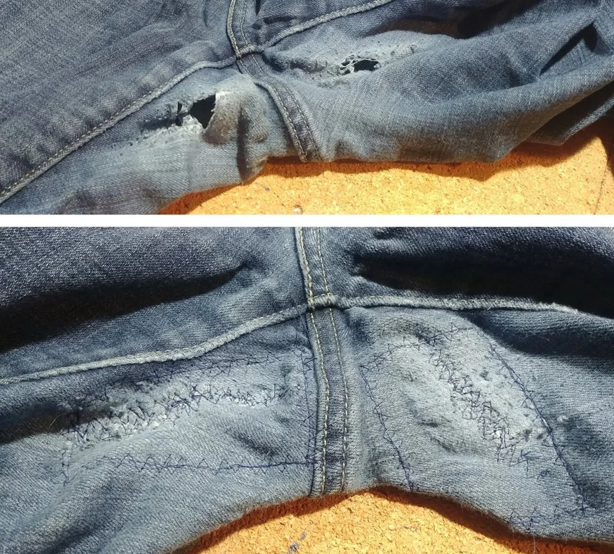 Repair to crotch of client's favorite jeans