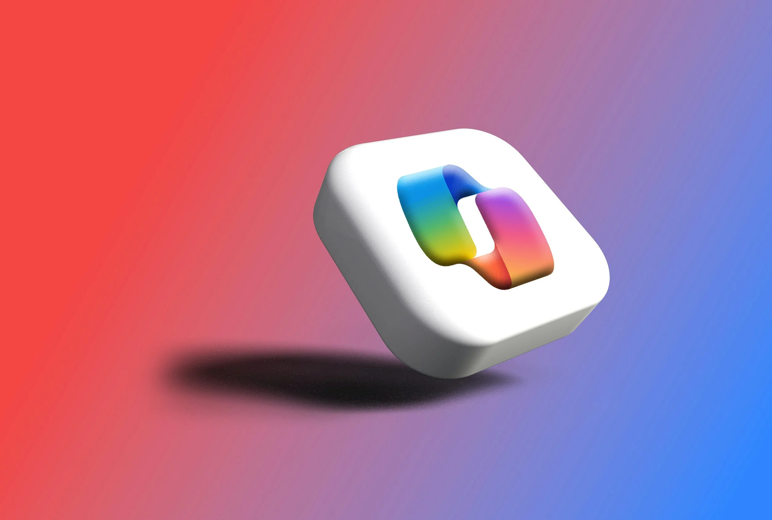 A white square icon with a colorful, rainbow-like chain link symbol in the center, floating above a gradient background of red, purple, and blue.
