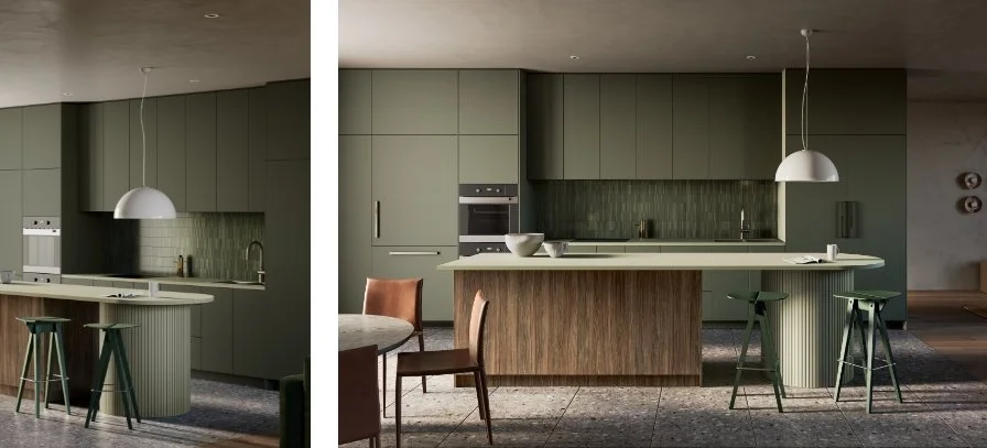 Modern kitchen with green 2Pac cabinets, a wood island, and green barstools. Pendant lights hang above the island.