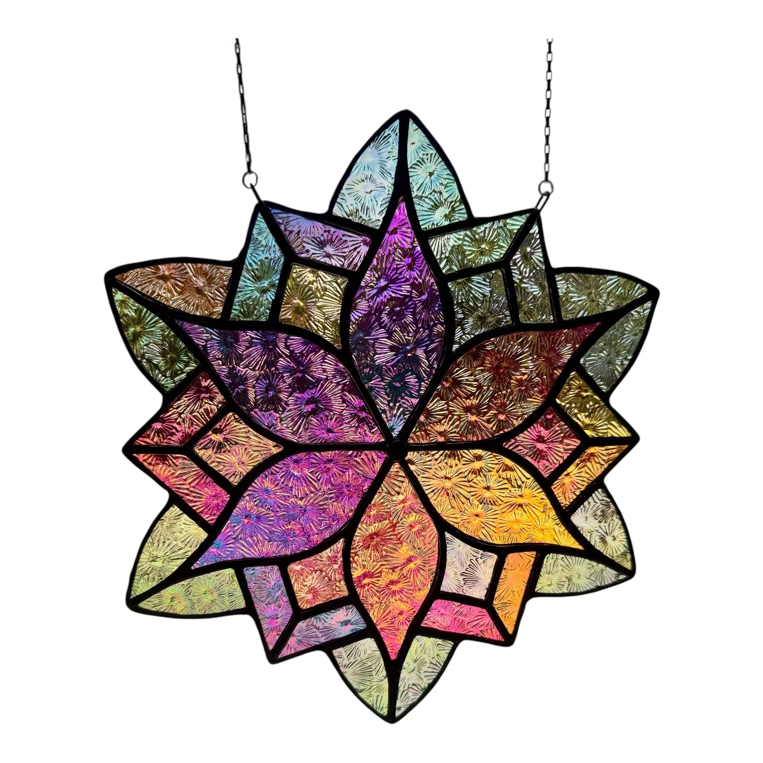 Colorful stained glass star-shaped hanging lamp with floral patterns.