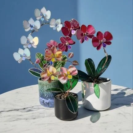 Hand crafted Art Glass potted Orchids made with unique colored glass in fuchsia, pinks and white