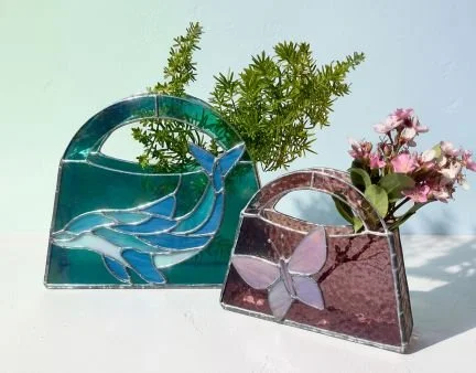 Decorative stained glass purse vases featuring Dolphin and Butterfly designs.