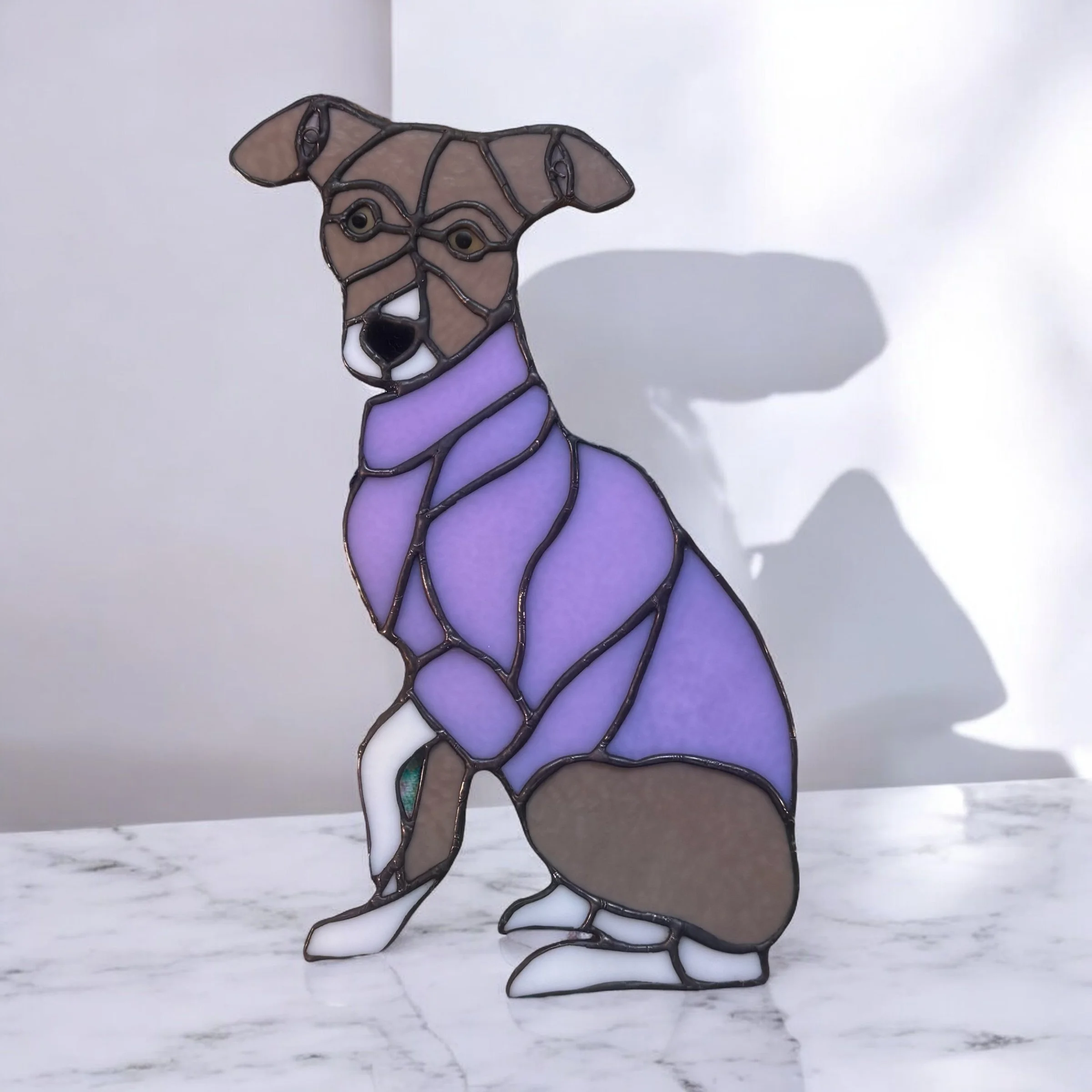 Custom Order: Stained glass dog portrait wearing purple sweater, Italian Greyhound 