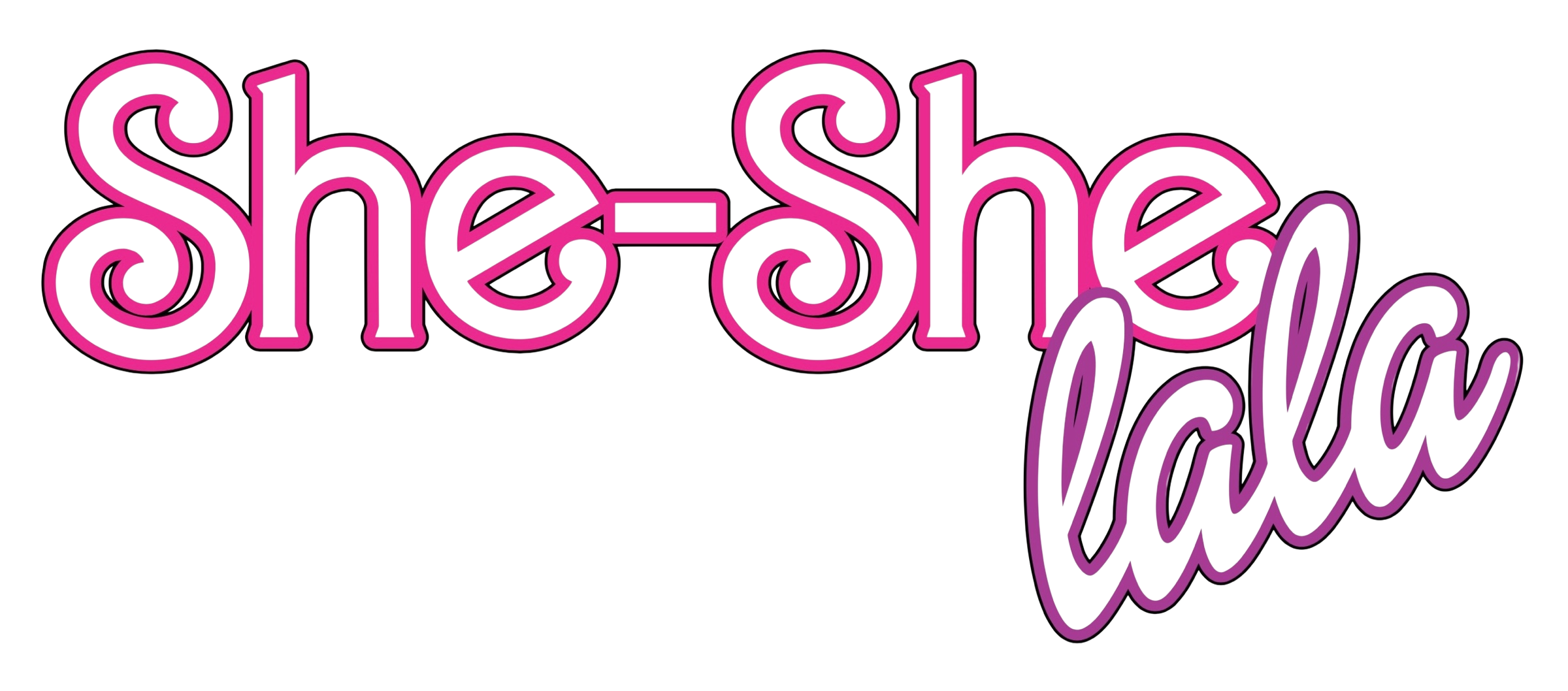 Bright, colorful text that reads 'She-Shen Makeup' with a playful, outlined style in pink, purple, yellow, and white, set against a light gray background.