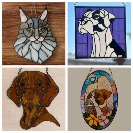 Custom pet portraits made to order: a gray cat, a black and white dog, a brown dog, and a dog with a flower, all in various shapes and backgrounds.