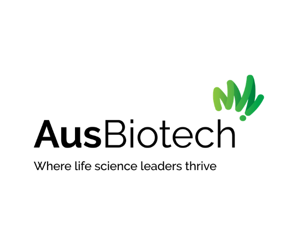 Logo of AusBiotech with the tagline 'Where life science leaders thrive' and a green stylized leaf or plant design.