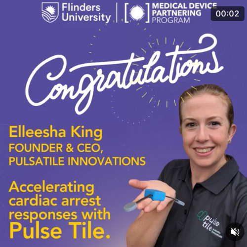 Congratulations graphic for Elleesha King, founder and CEO of Pulsatile Innovations, over a purple background with her holding a medical device, and logos of Flinders University and the Medical Device Partnering Program.