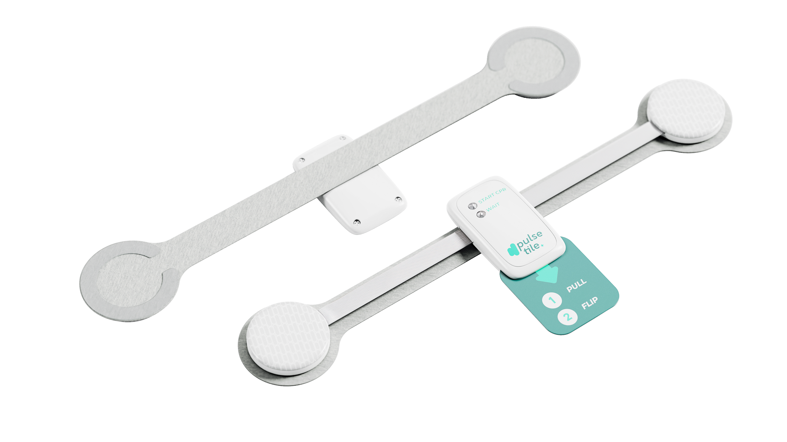 Medical device called PulseTile with two sensors and instructions for use, featuring a pull and flip mechanism.