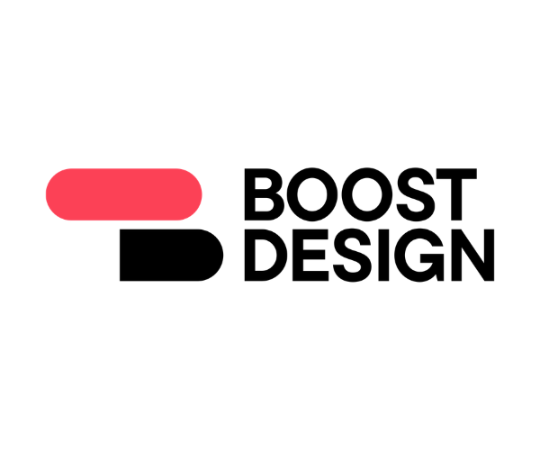Logo with two rounded rectangles, one red and one black, and the words 'Boost Design' in bold black font.