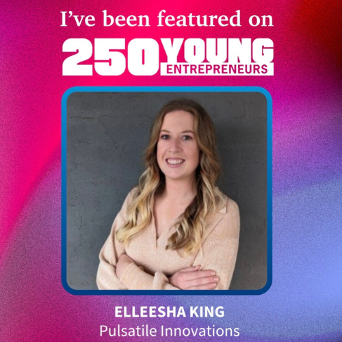 A young woman with long blonde hair smiling, on a magazine feature page for young entrepreneurs.