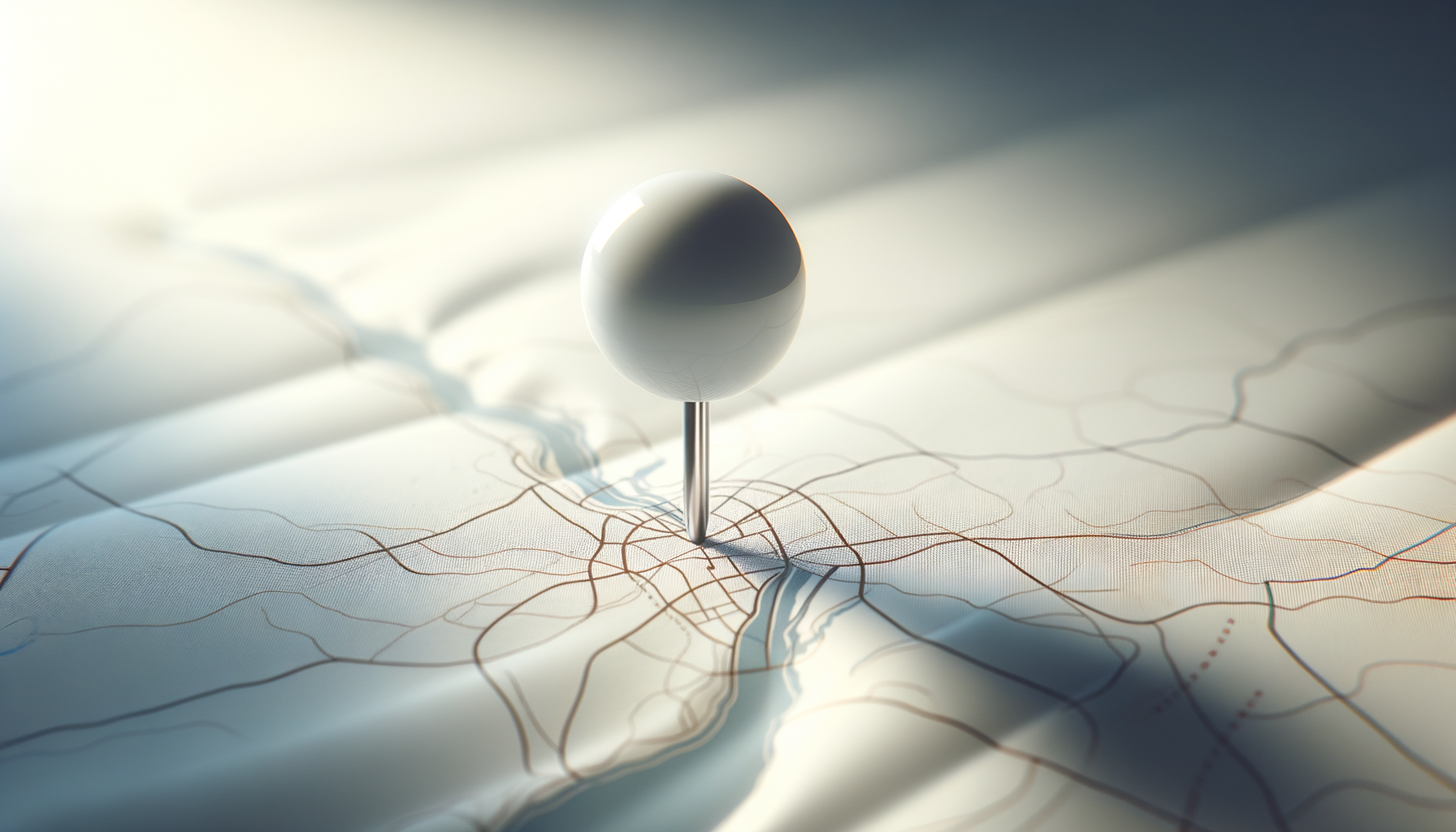 Una aguja sostiene una bola en un mapa en relieve con líneas de calles y ríos.