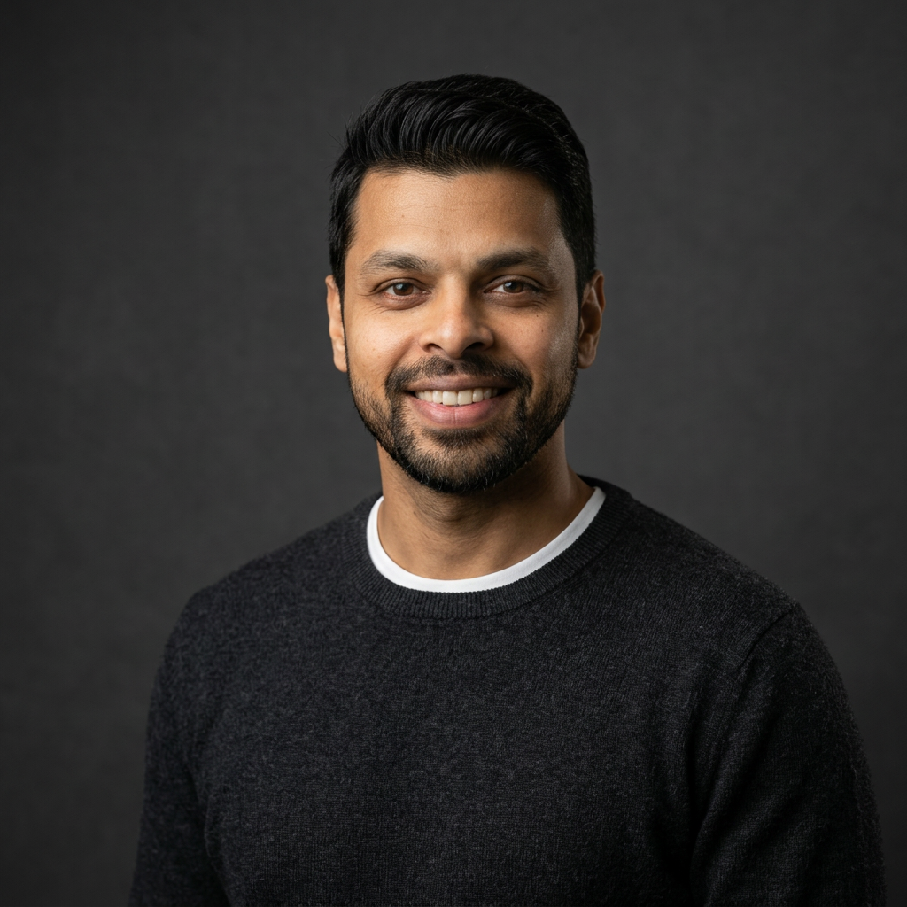 Portrait of a smiling man with dark hair and a beard, wearing a black sweater with a white undershirt against a dark gray background.