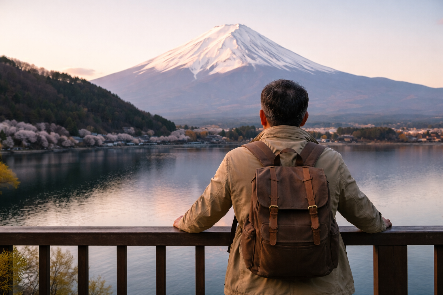A man with a backpack standing at a wooden railing, overlooking a lake with Mount Fuji in the background.