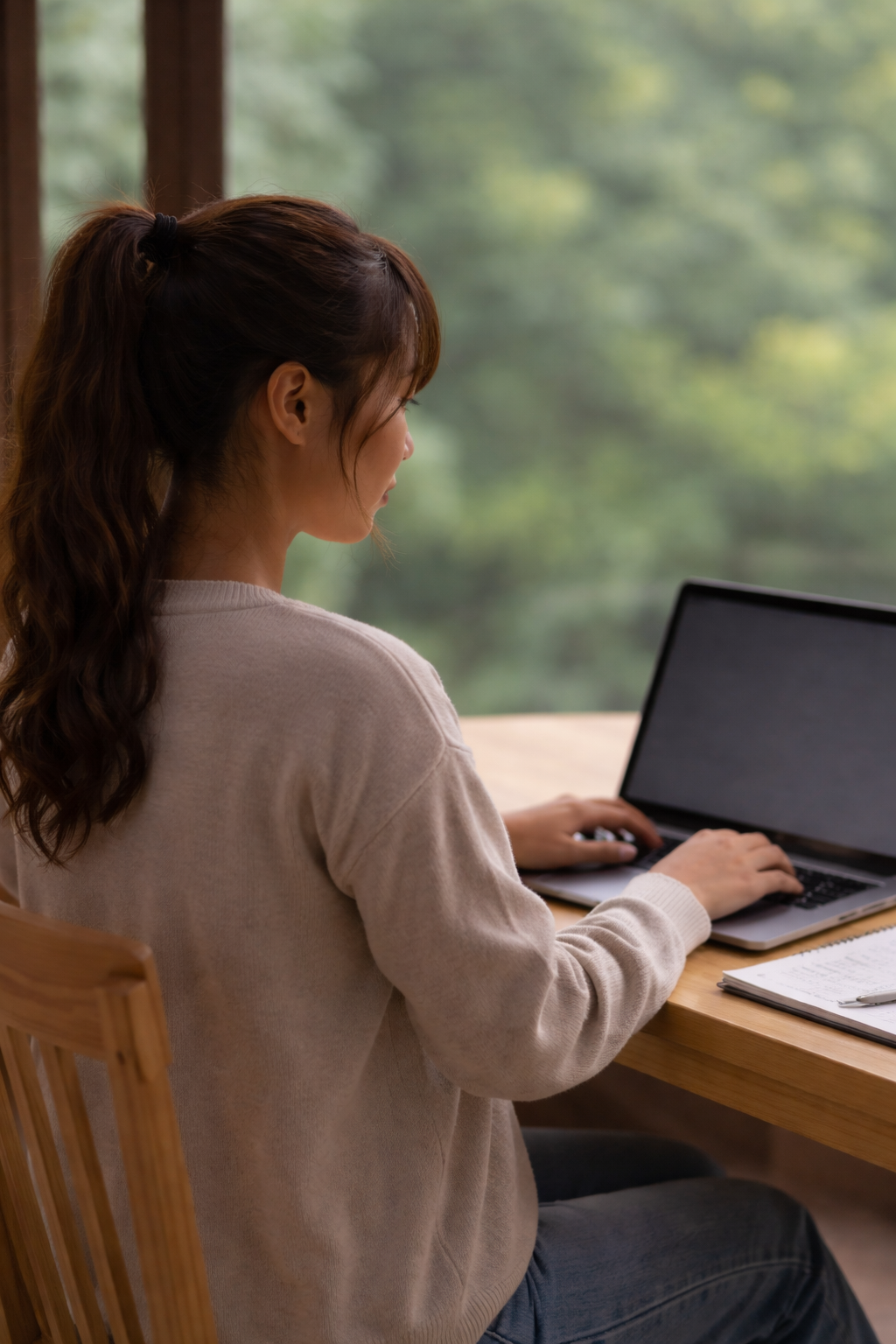 A woman with brown hair in a ponytail working on a laptop at a wooden desk beside a large window with a view of green trees.