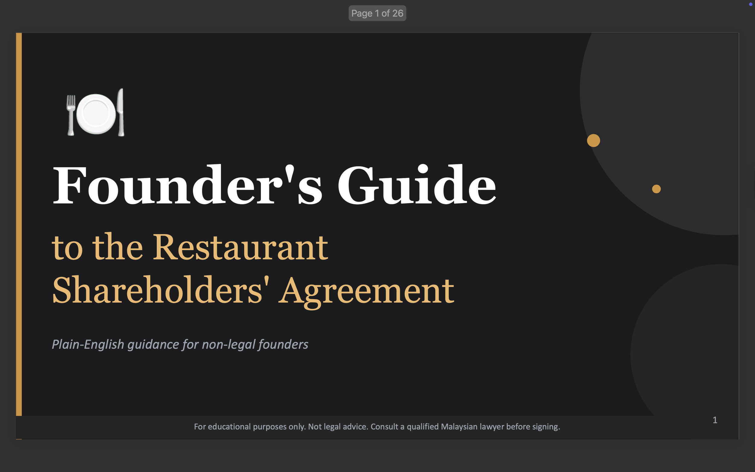 Founder's slide deck cover slide showing 'Founder's Guide to the Restaurant Shareholders' Agreement' on dark charcoal background with amber typography and plate icon