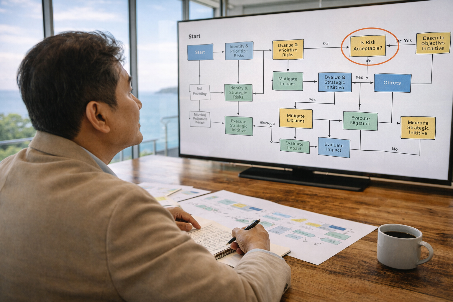 A man in a beige jacket sitting at a wooden table in front of a large screen displaying a flowchart related to risk management.
