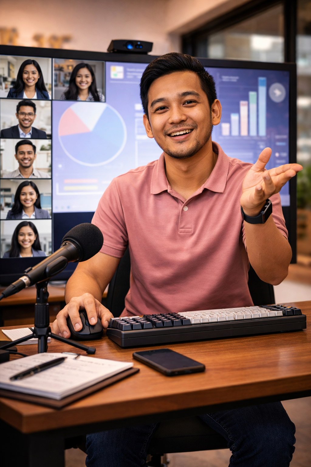 Man smiling and gesturing during a virtual meeting with six participants displayed on a monitor behind him, showing charts and graphs.