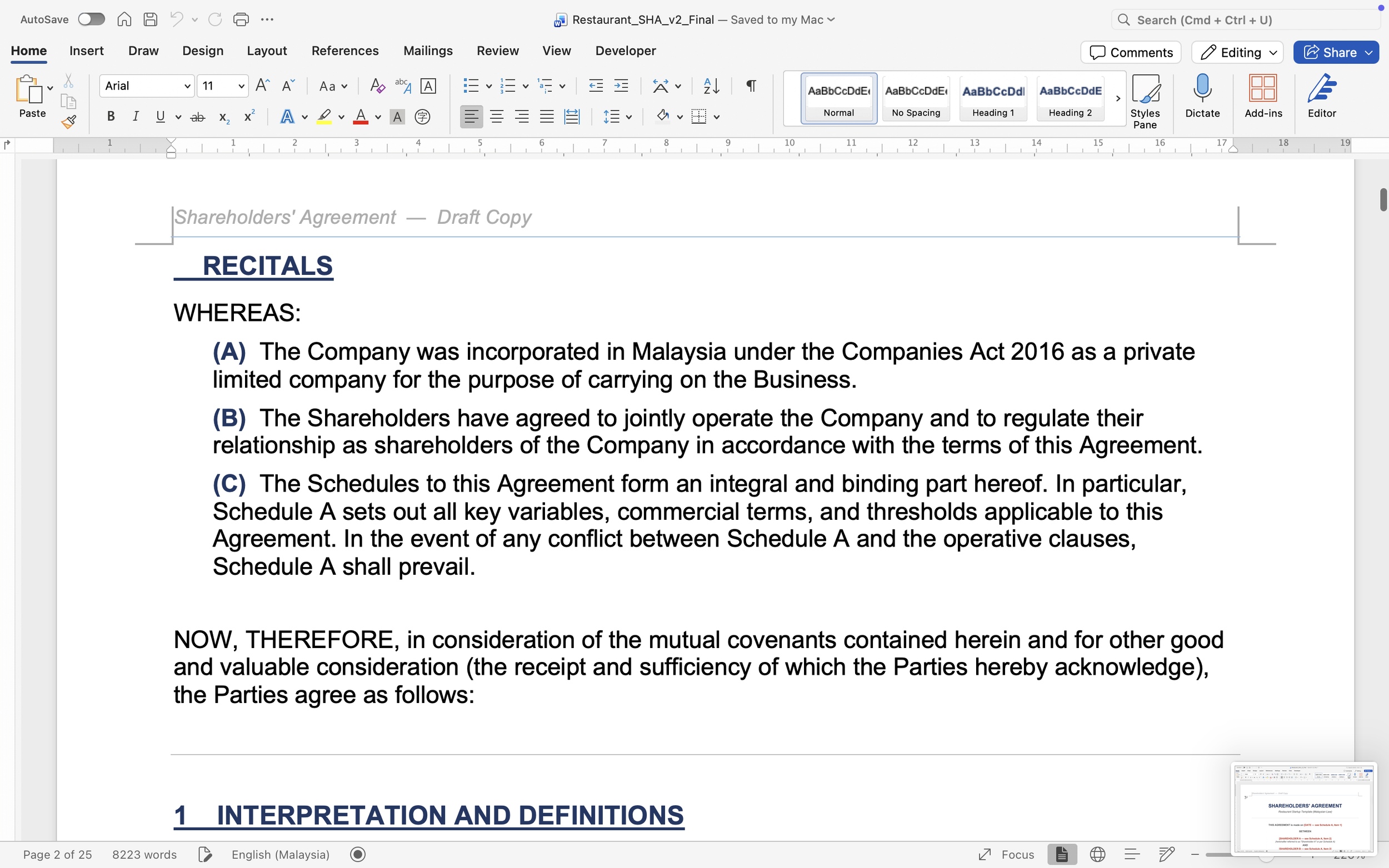Restaurant shareholders' agreement template showing Recitals section and Interpretation clause with numbered provisions under Malaysian law
