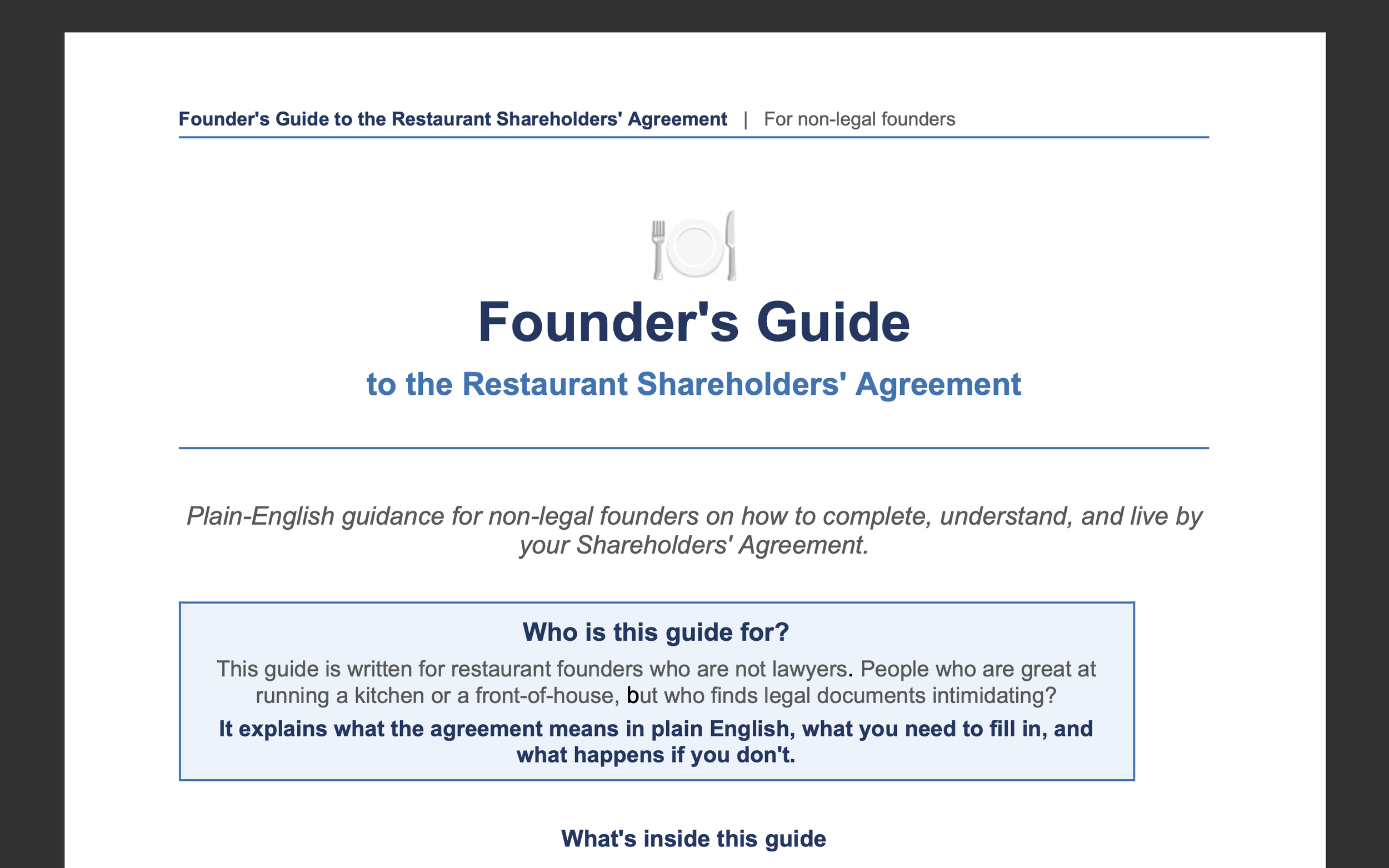 Founder's Guide cover page showing title, plate and cutlery icon, plain-English subtitle, and 'Who is this guide for' callout box
